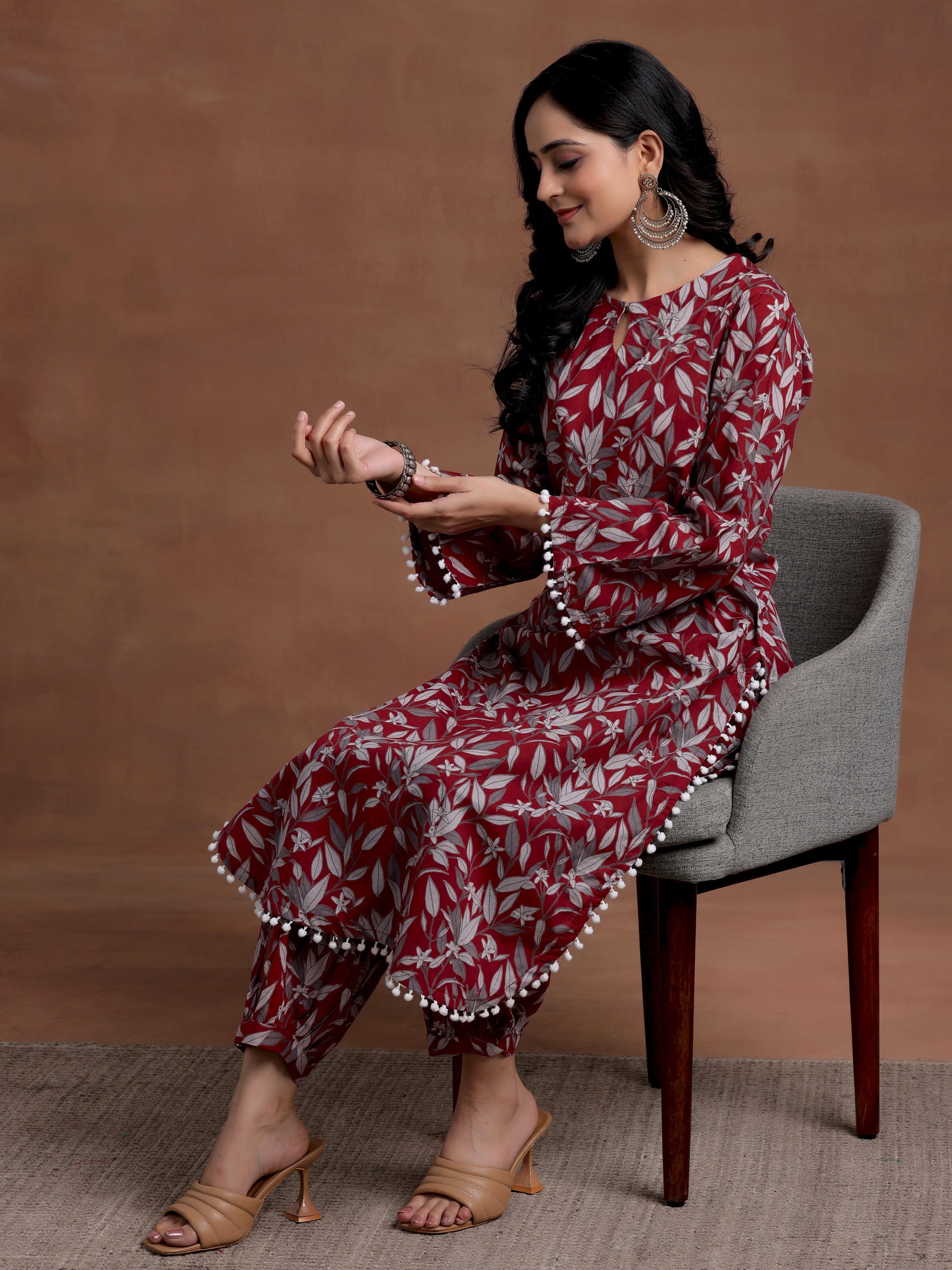 Rust Printed Cotton Pathani Kurta Set