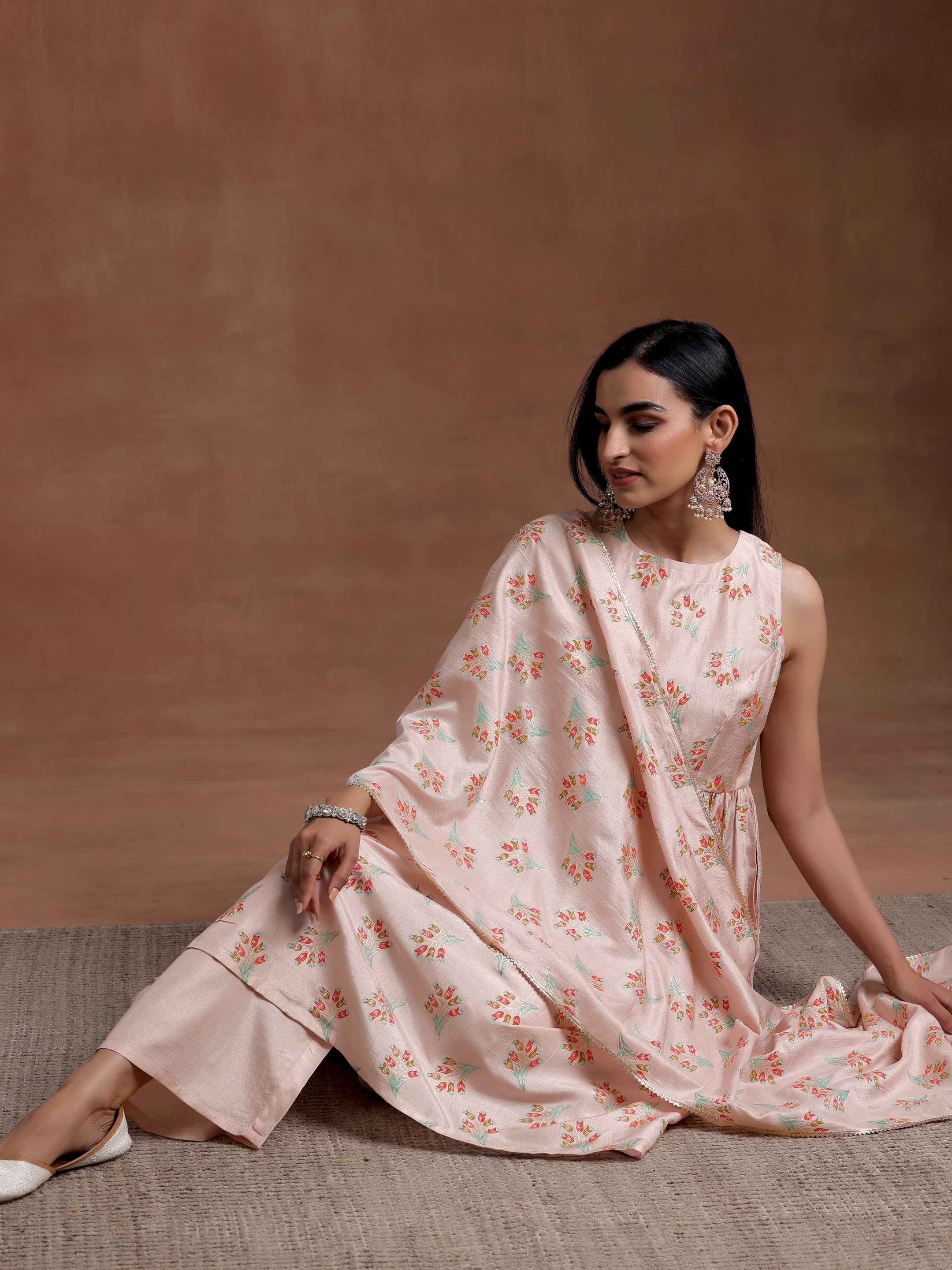 Powder Pink Printed Silk Blend A-Line Kurta With Palazzos & Dupatta