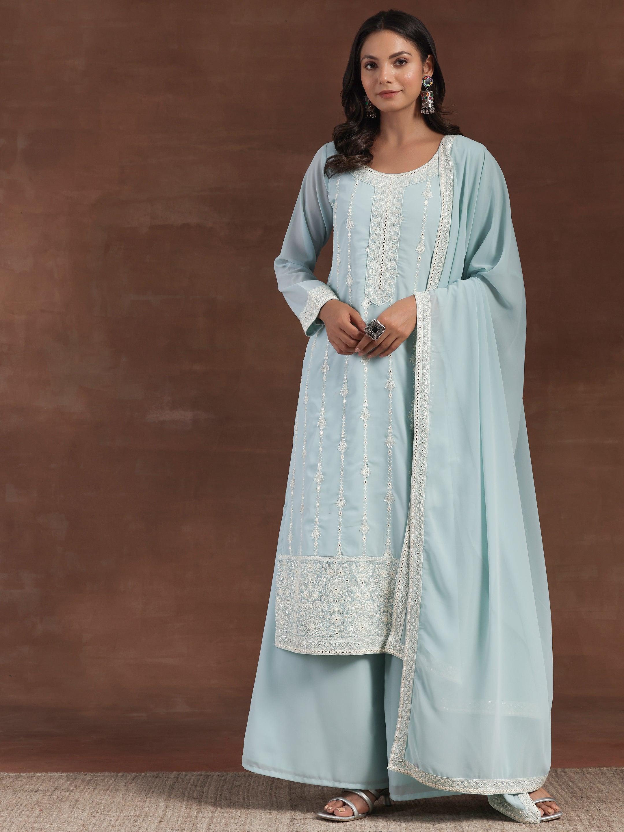 Blue Embroidered Georgette Straight Suit With Dupatta