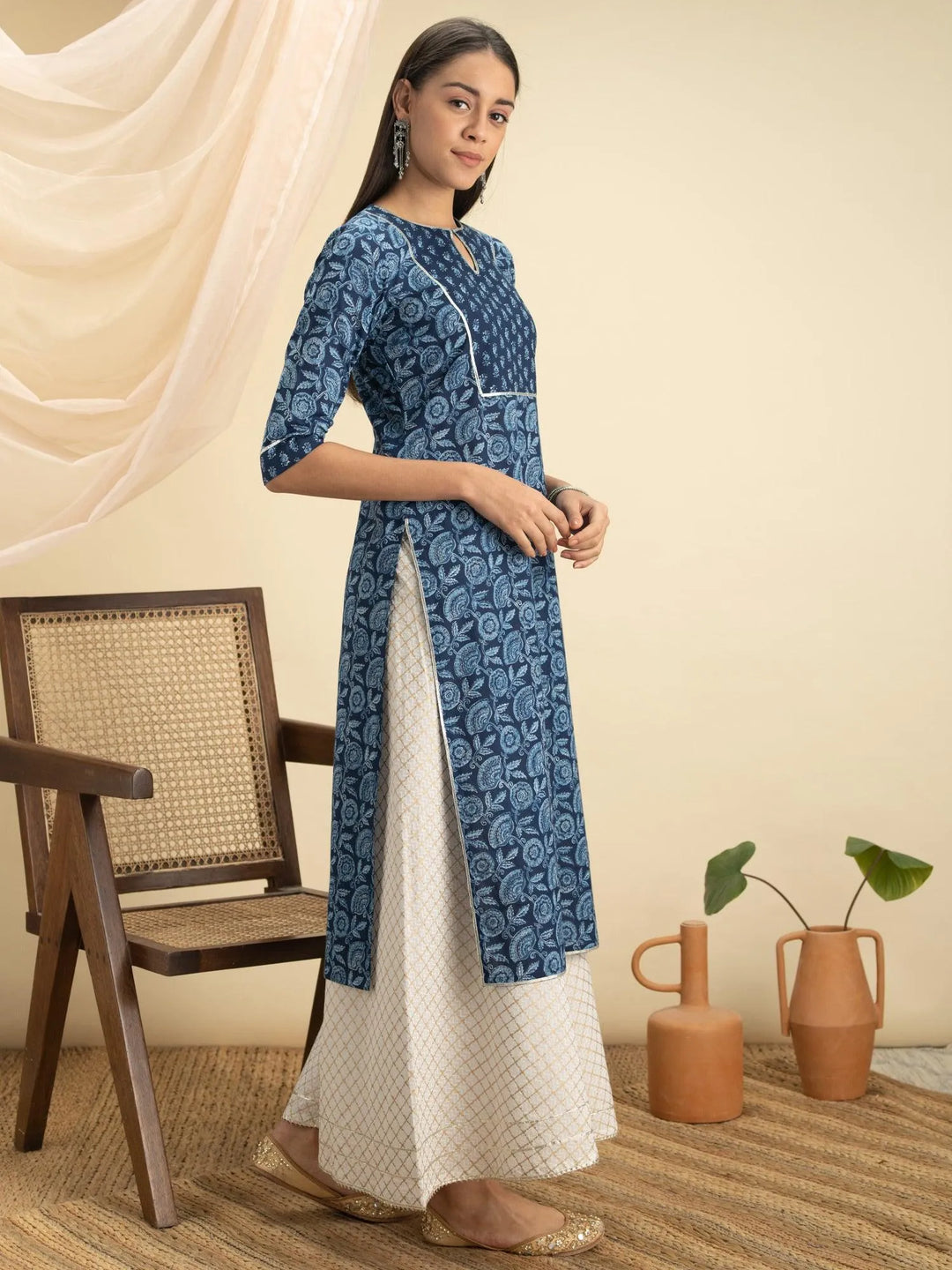 Indigo Printed Cotton Kurta - ShopLibas