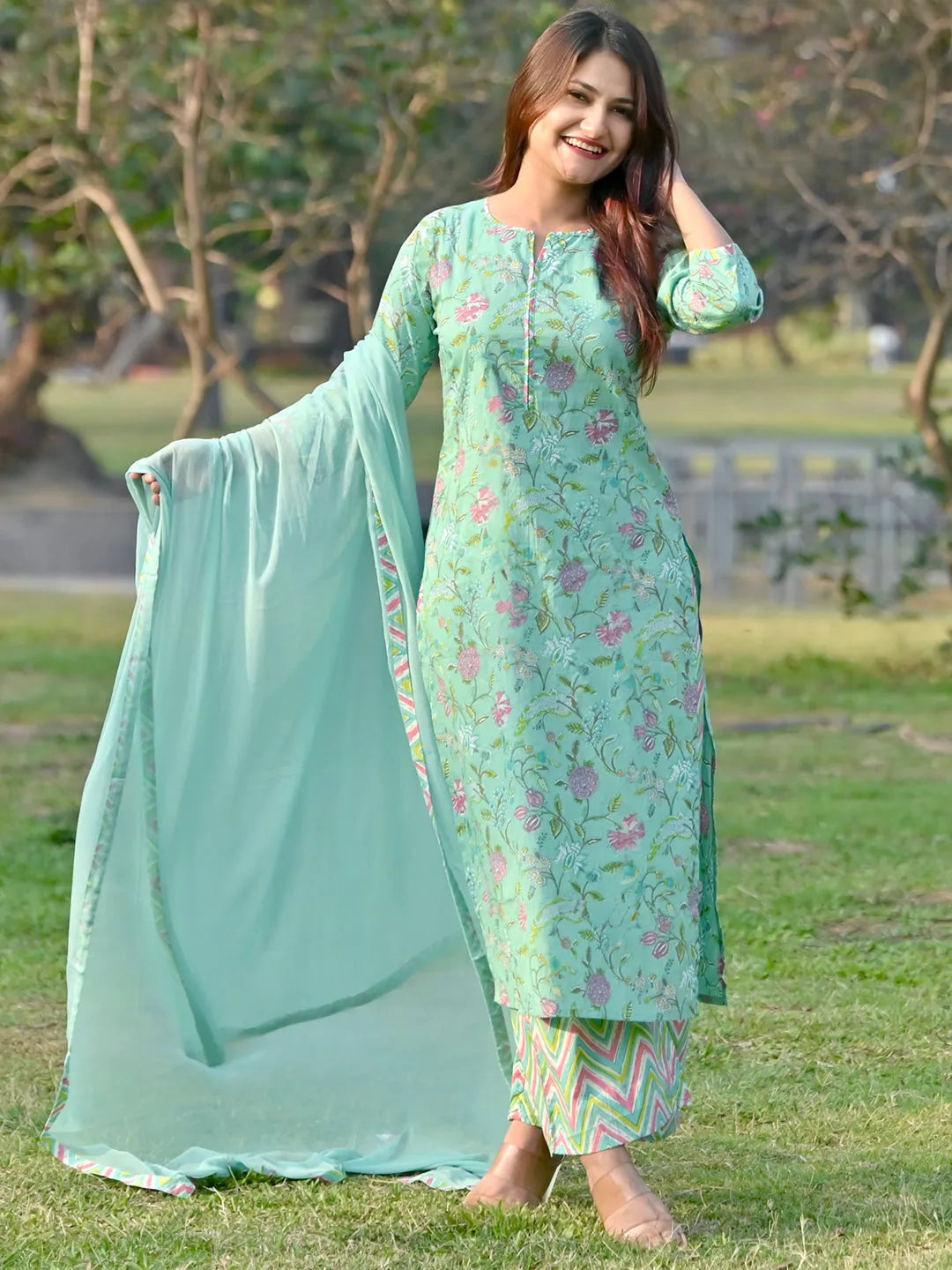 Green Printed Cotton Suit Set