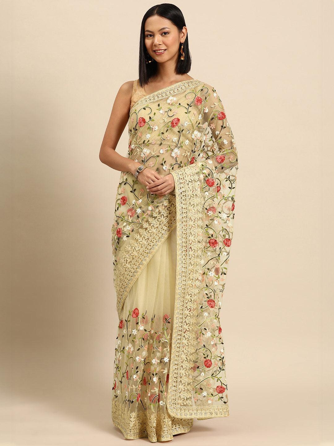 Beige Embroidered Net Saree