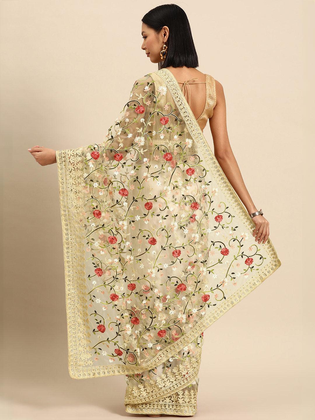 Beige Embroidered Net Saree