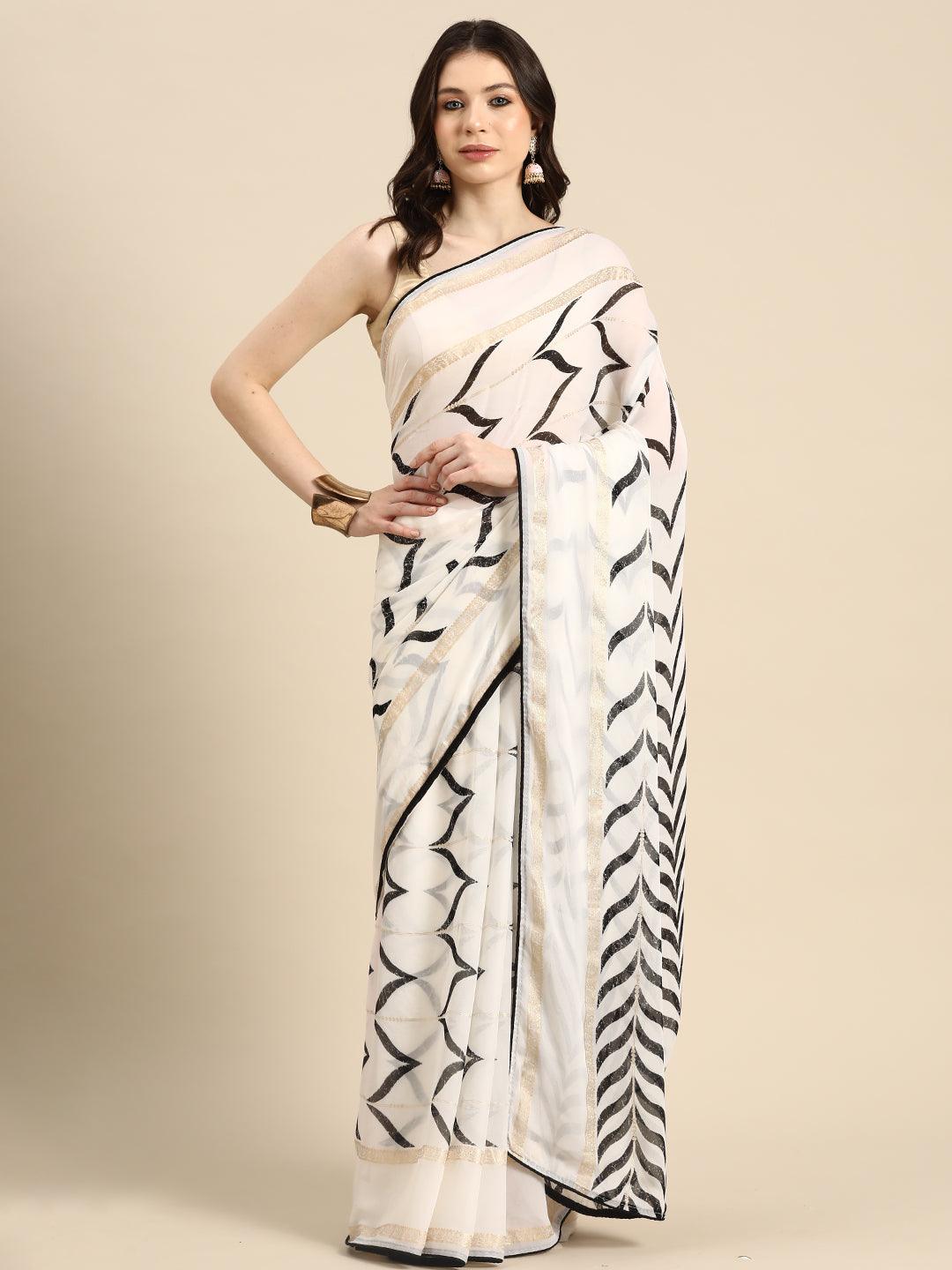 White Printed Chiffon Saree