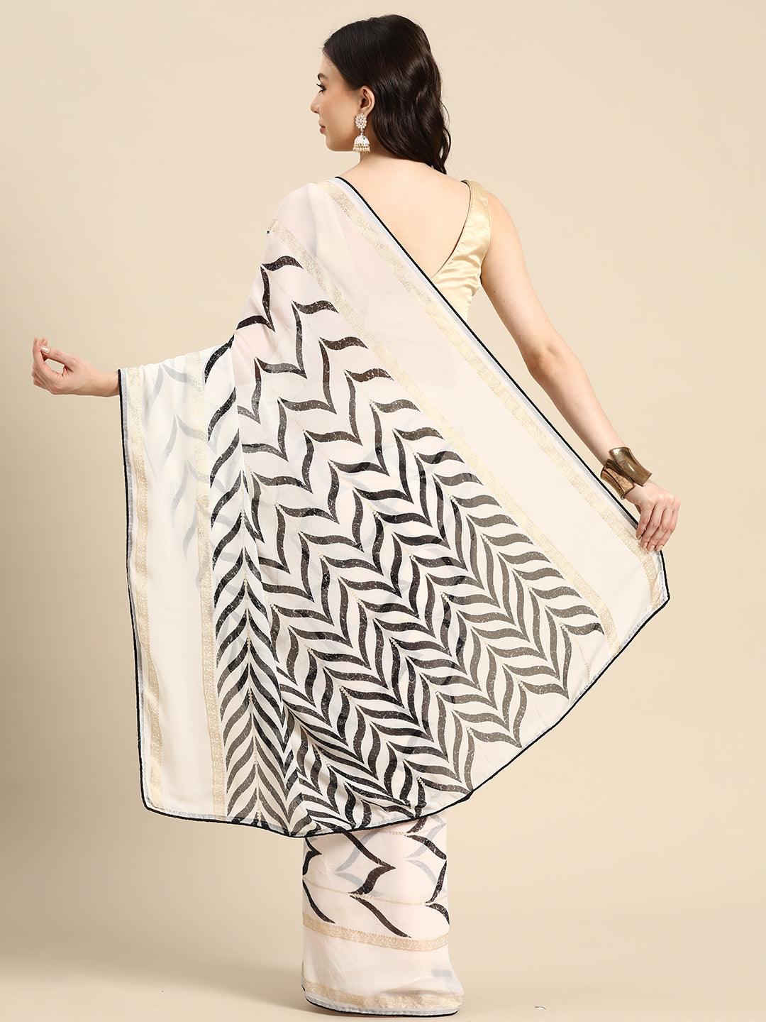 White Printed Chiffon Saree