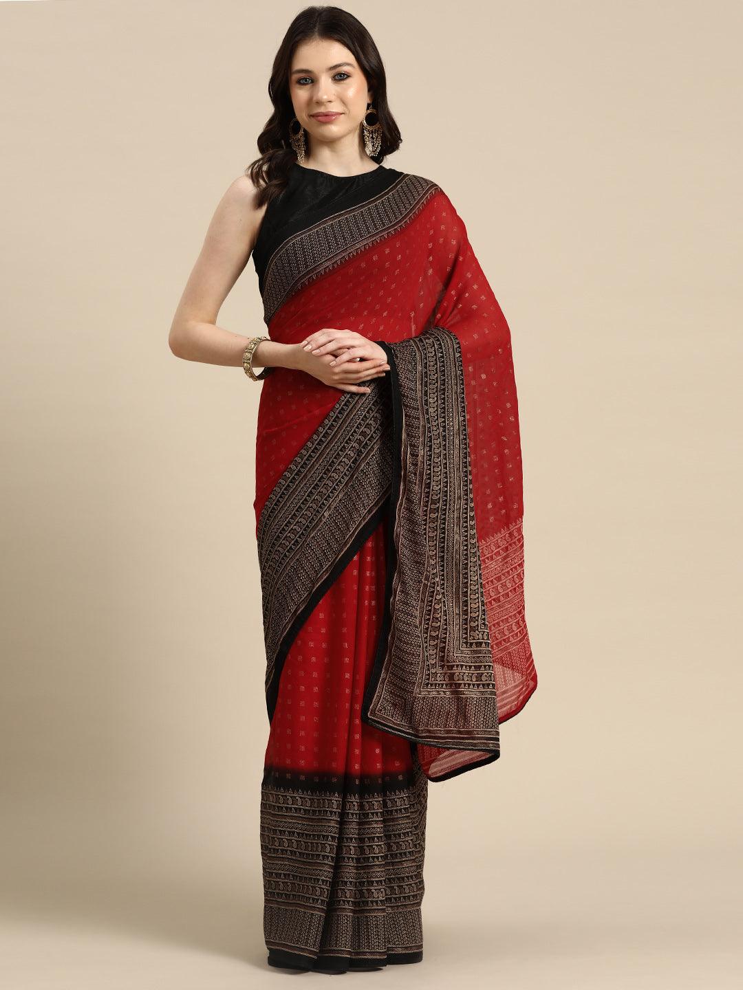 Red Printed Georgette Saree