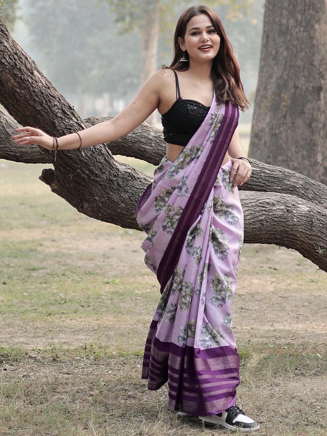 Lavender Printed Silk Blend Saree - ShopLibas