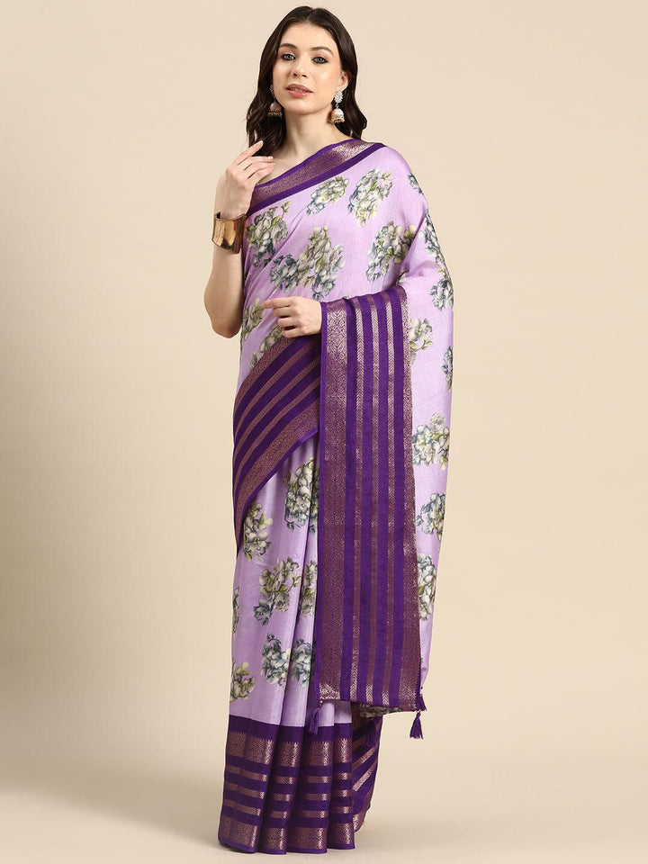 Lavender Printed Silk Blend Saree - ShopLibas