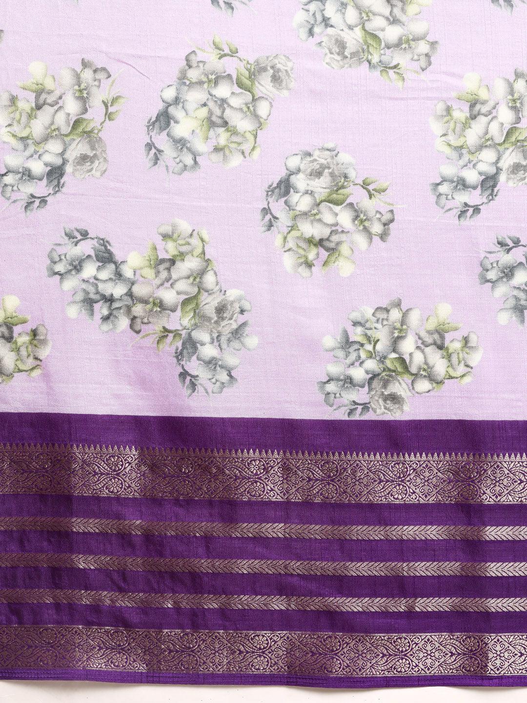 Lavender Printed Silk Blend Saree - ShopLibas