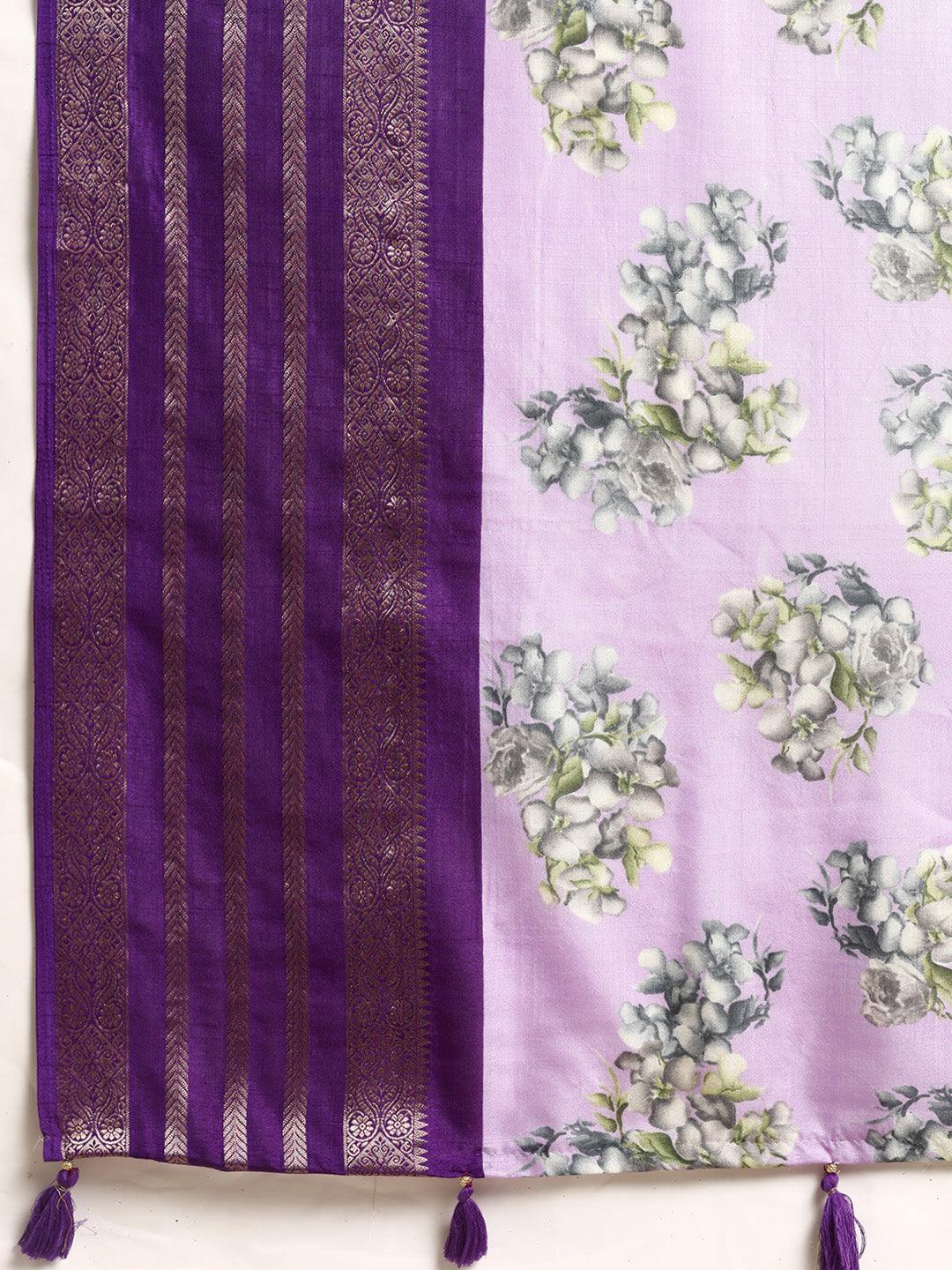 Lavender Printed Silk Blend Saree