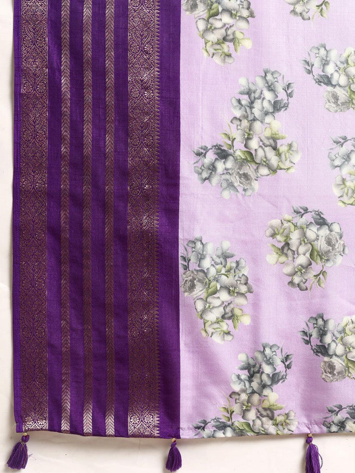 Lavender Printed Silk Blend Saree - ShopLibas