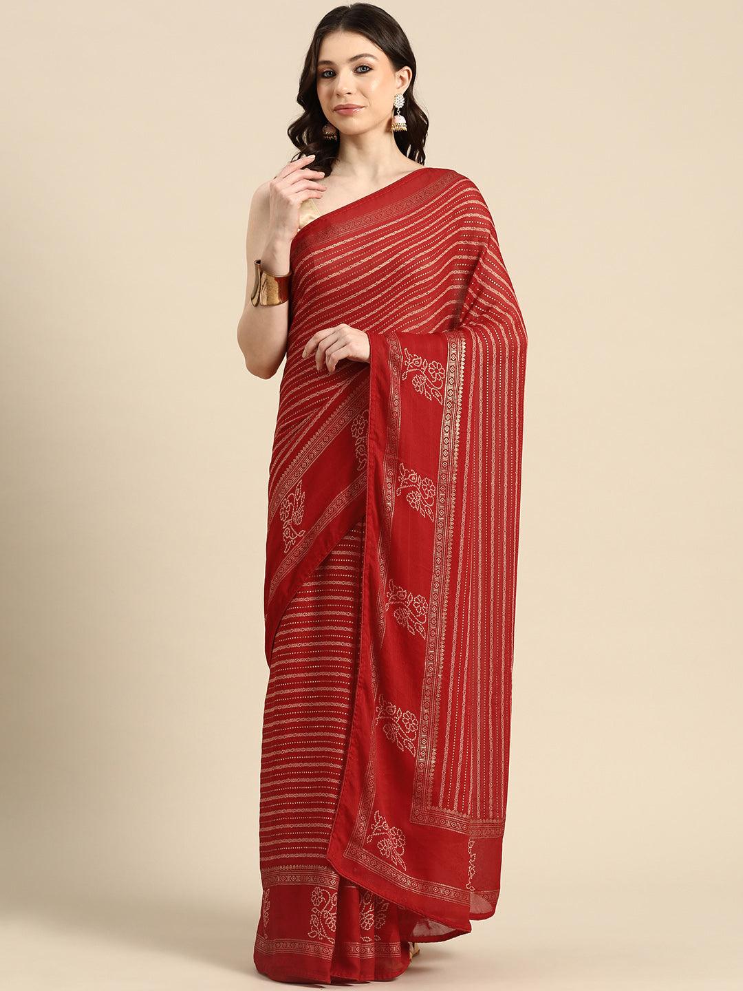 Red Printed Georgette Saree - ShopLibas