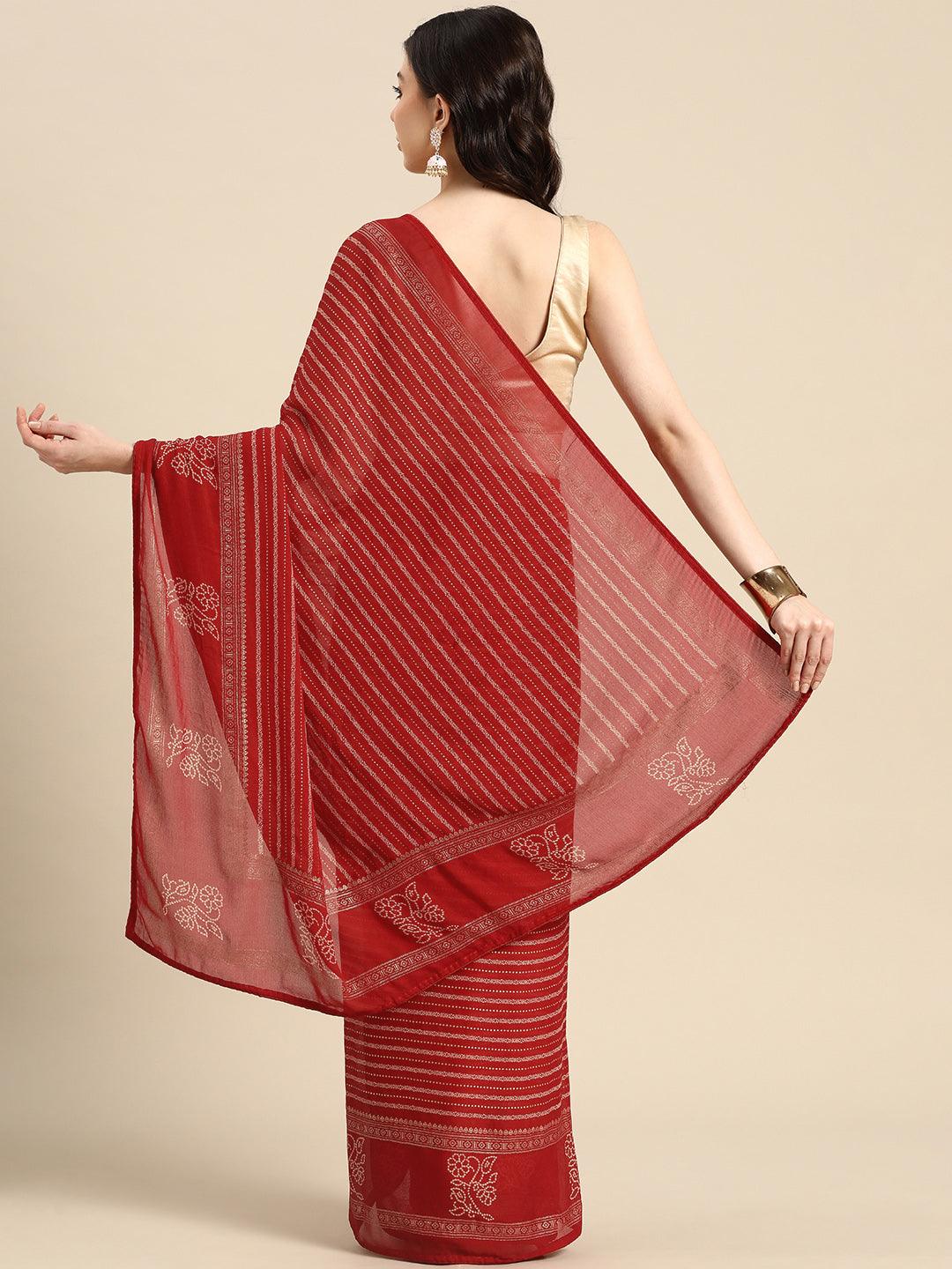 Red Printed Georgette Saree - ShopLibas