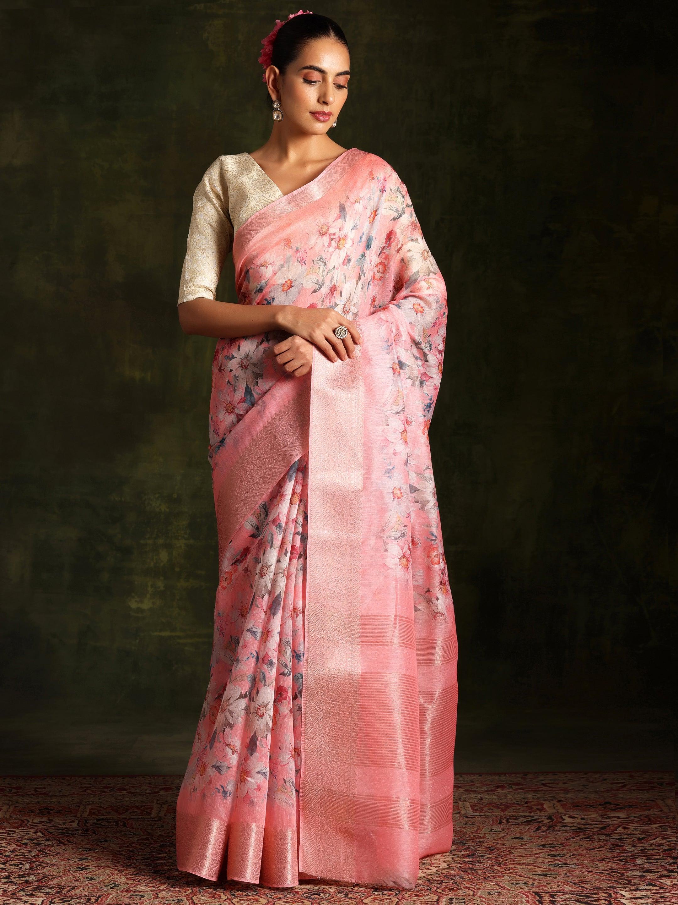 Pink Printed Silk Blend Saree With Unstitched Blouse Piece