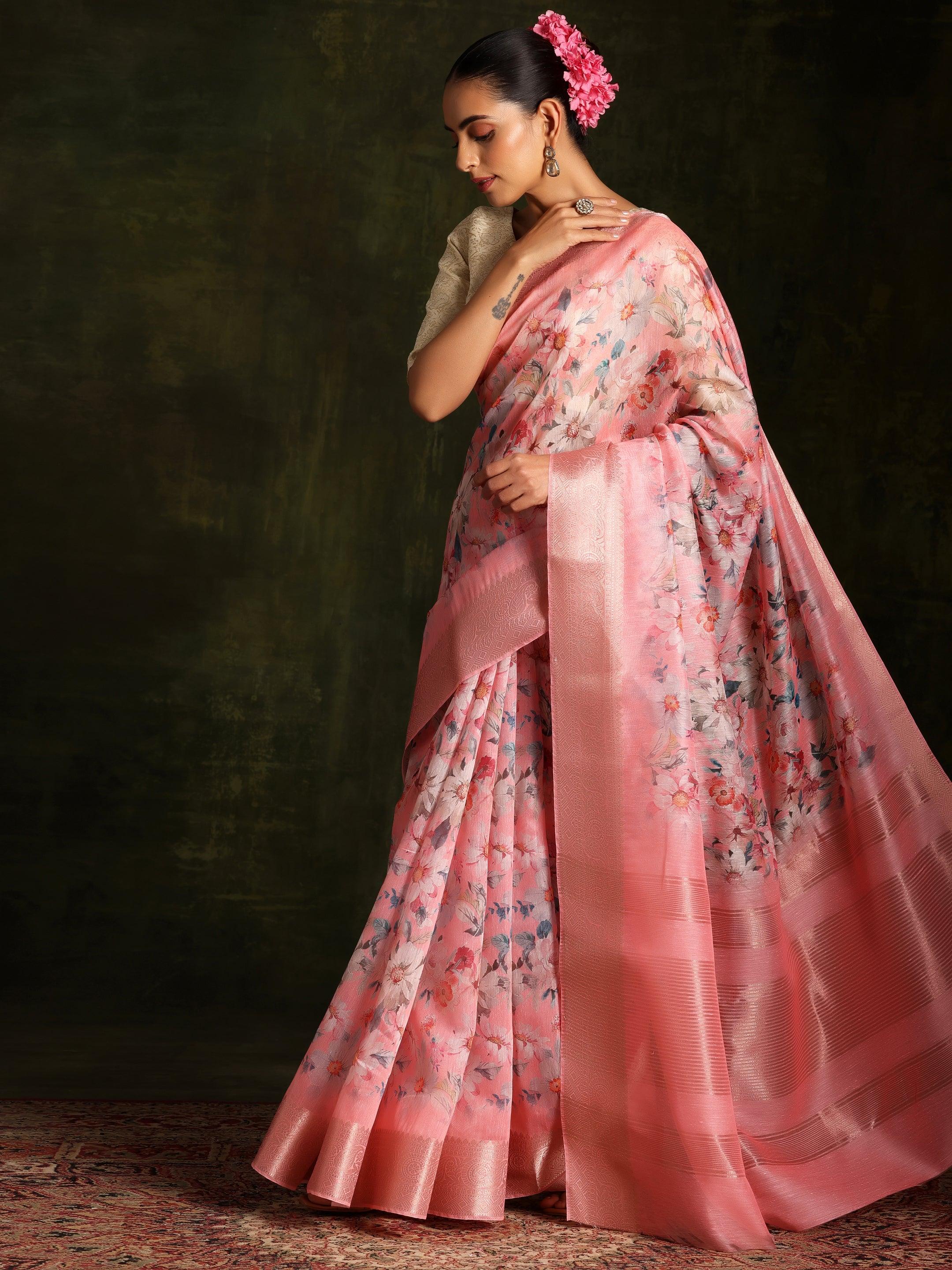 Pink Printed Silk Blend Saree With Unstitched Blouse Piece