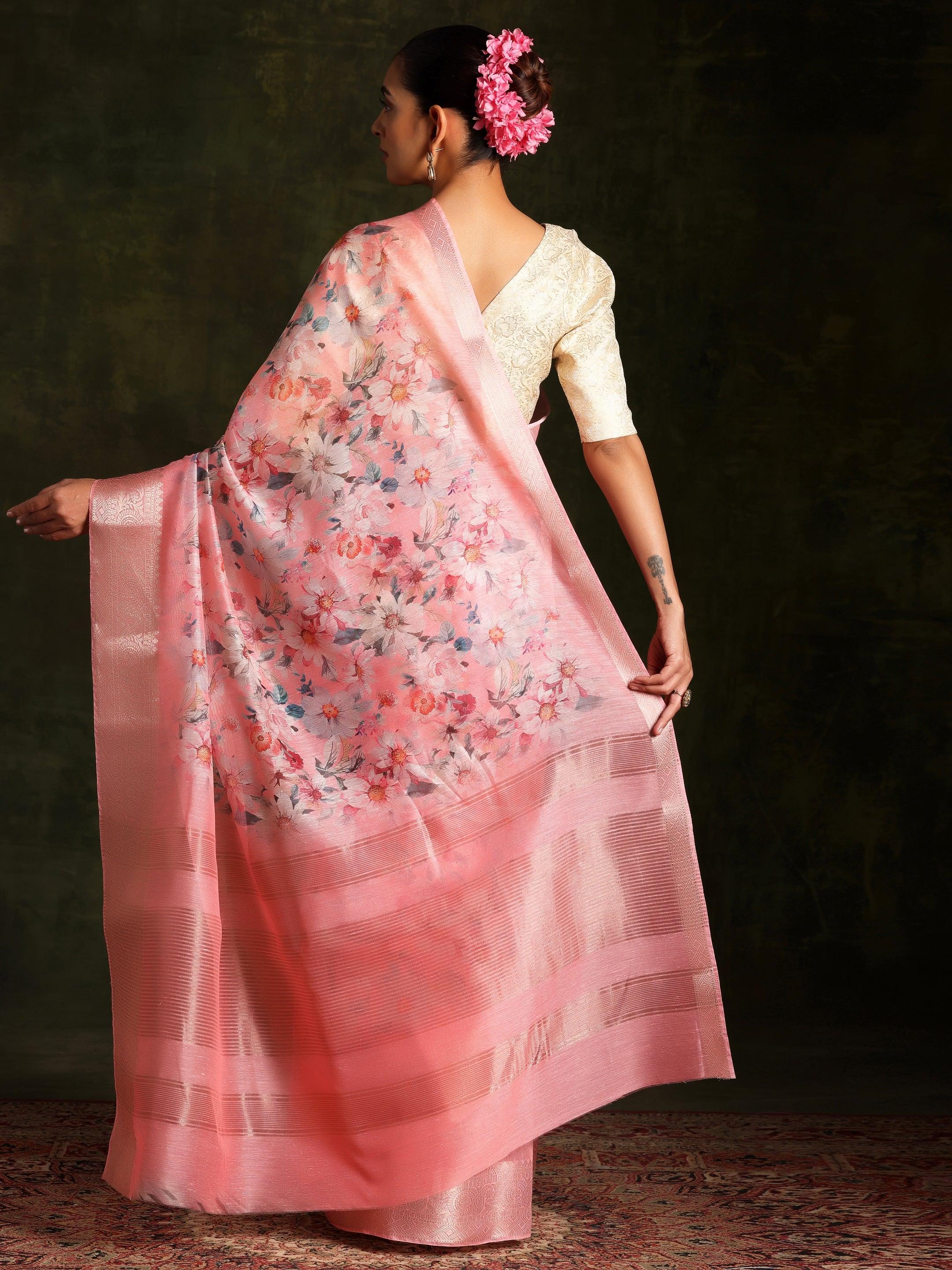 Pink Printed Silk Blend Saree With Unstitched Blouse Piece