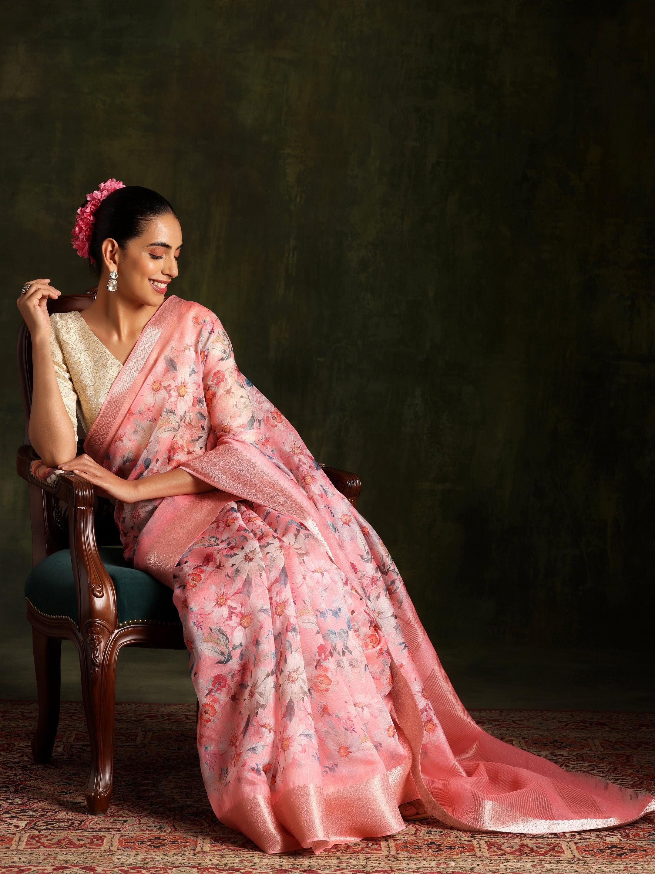 Pink Printed Silk Blend Saree With Unstitched Blouse Piece