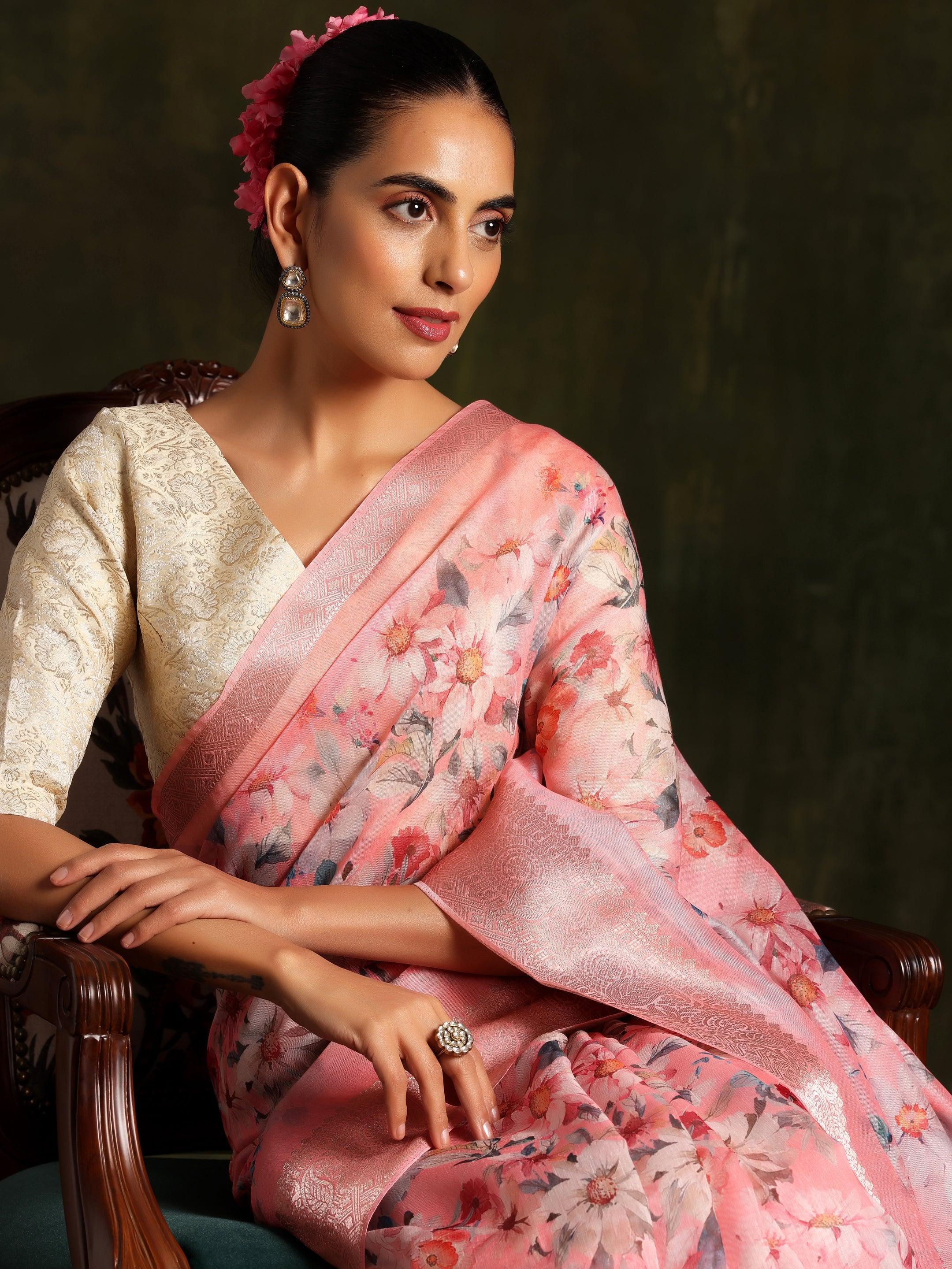 Pink Printed Silk Blend Saree With Unstitched Blouse Piece