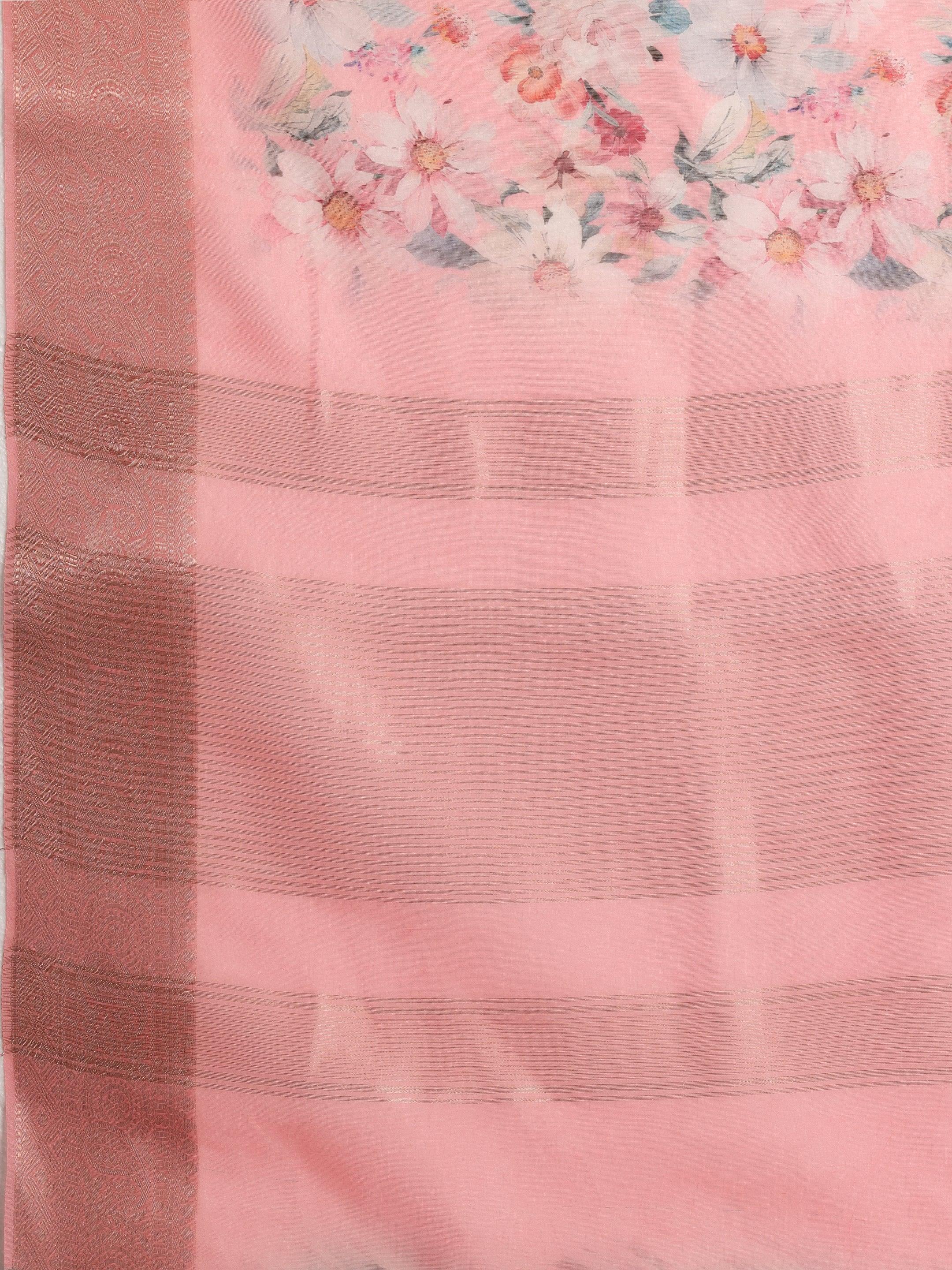 Pink Printed Silk Blend Saree With Unstitched Blouse Piece