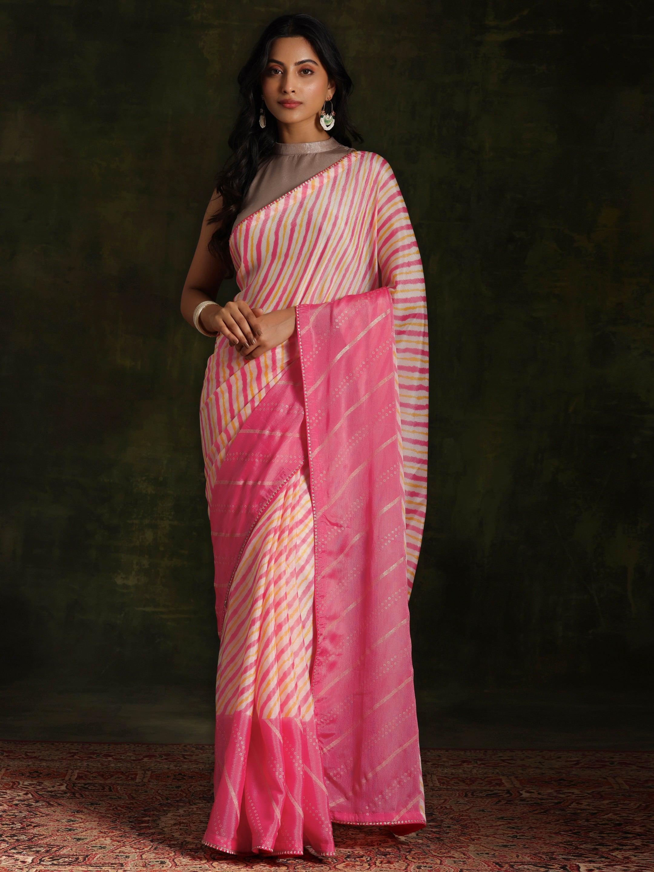 Pink Printed Silk Blend Saree With Unstitched Blouse Piece