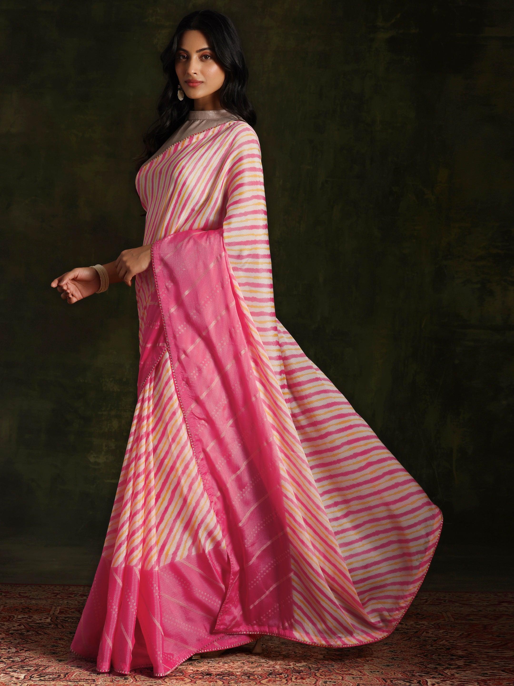 Pink Printed Silk Blend Saree With Unstitched Blouse Piece