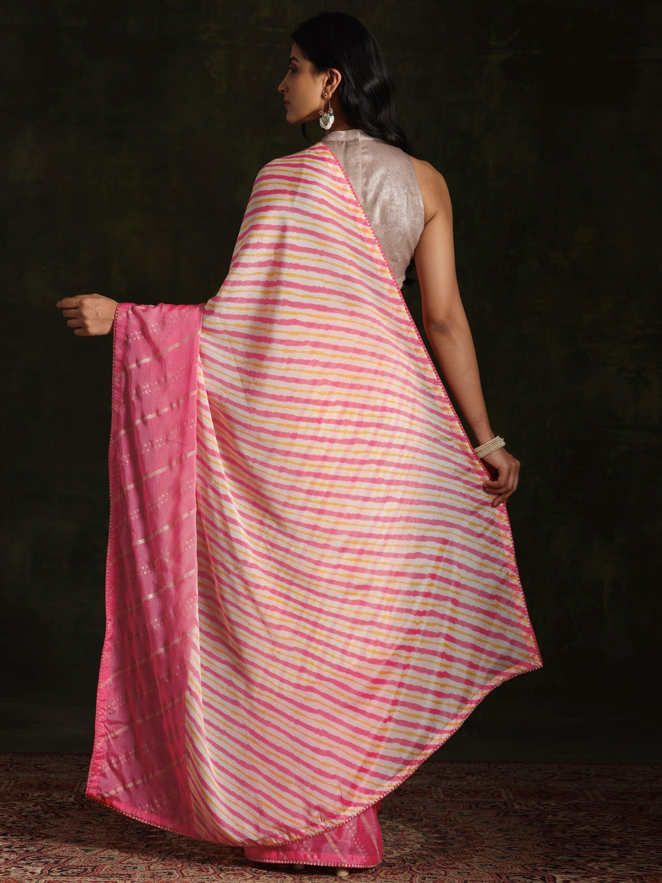 Pink Printed Silk Blend Saree With Unstitched Blouse Piece