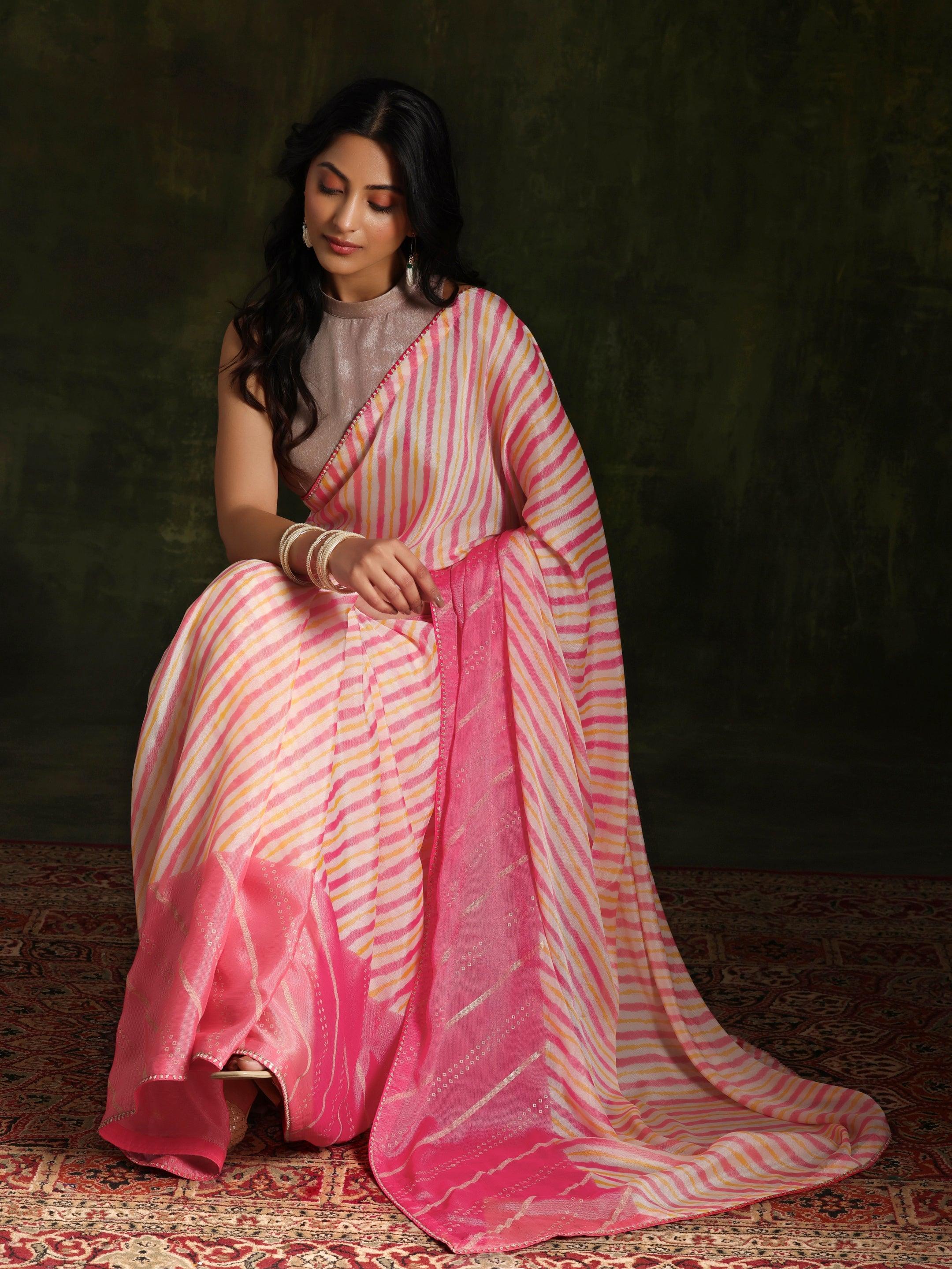 Pink Printed Silk Blend Saree With Unstitched Blouse Piece