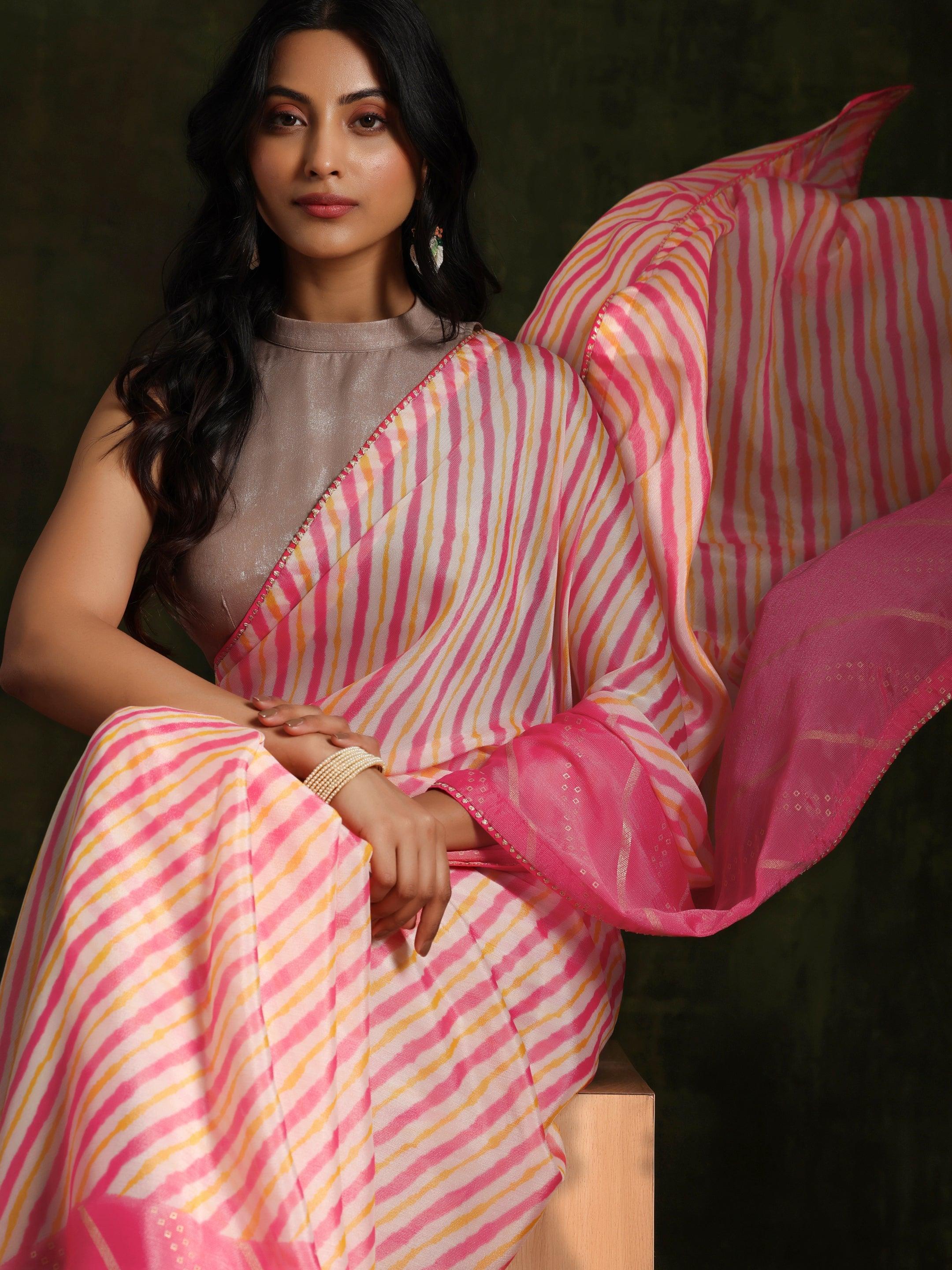 Pink Printed Silk Blend Saree With Unstitched Blouse Piece