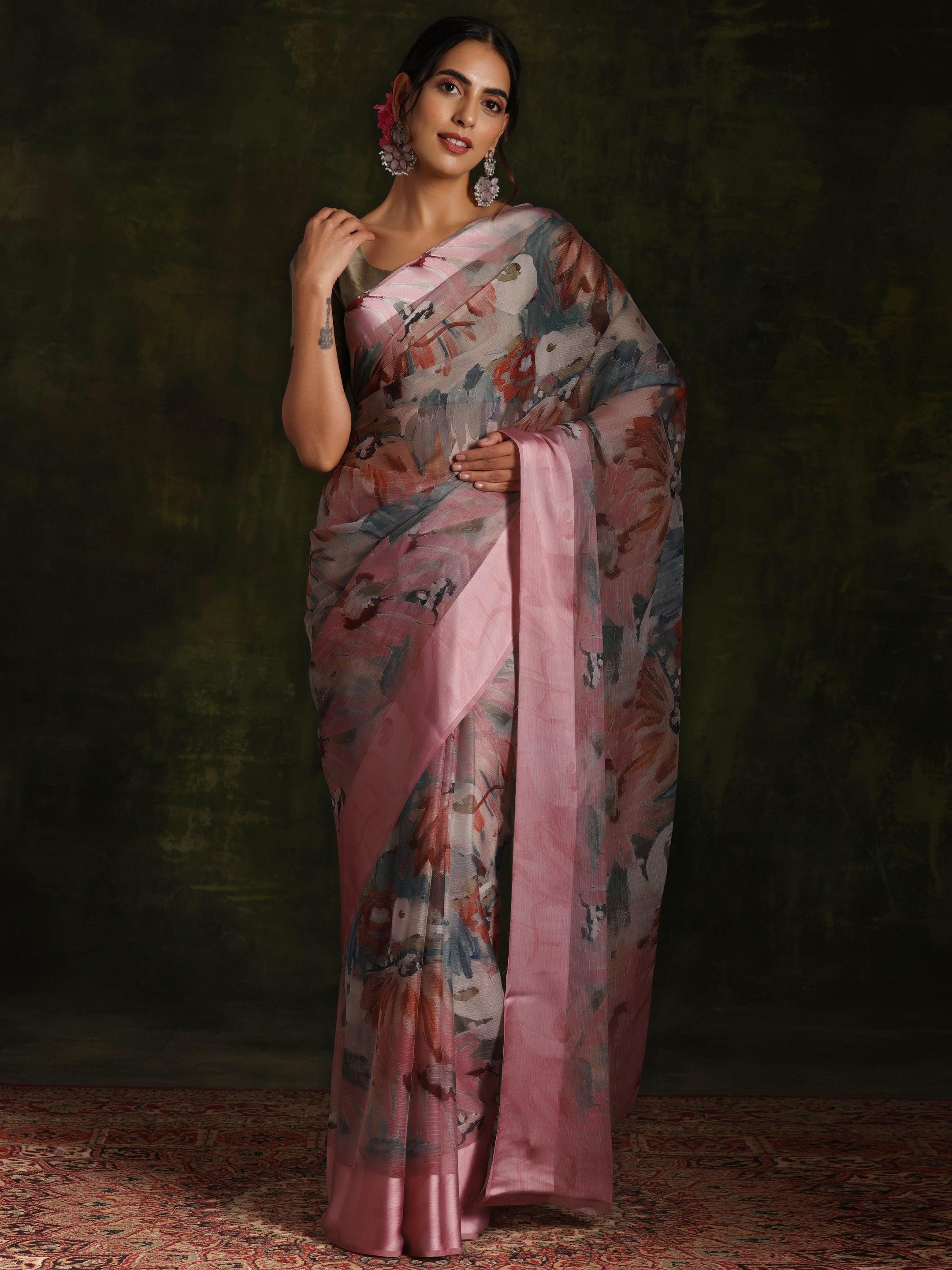 Pink Printed Silk Blend Saree With Unstitched Blouse Piece