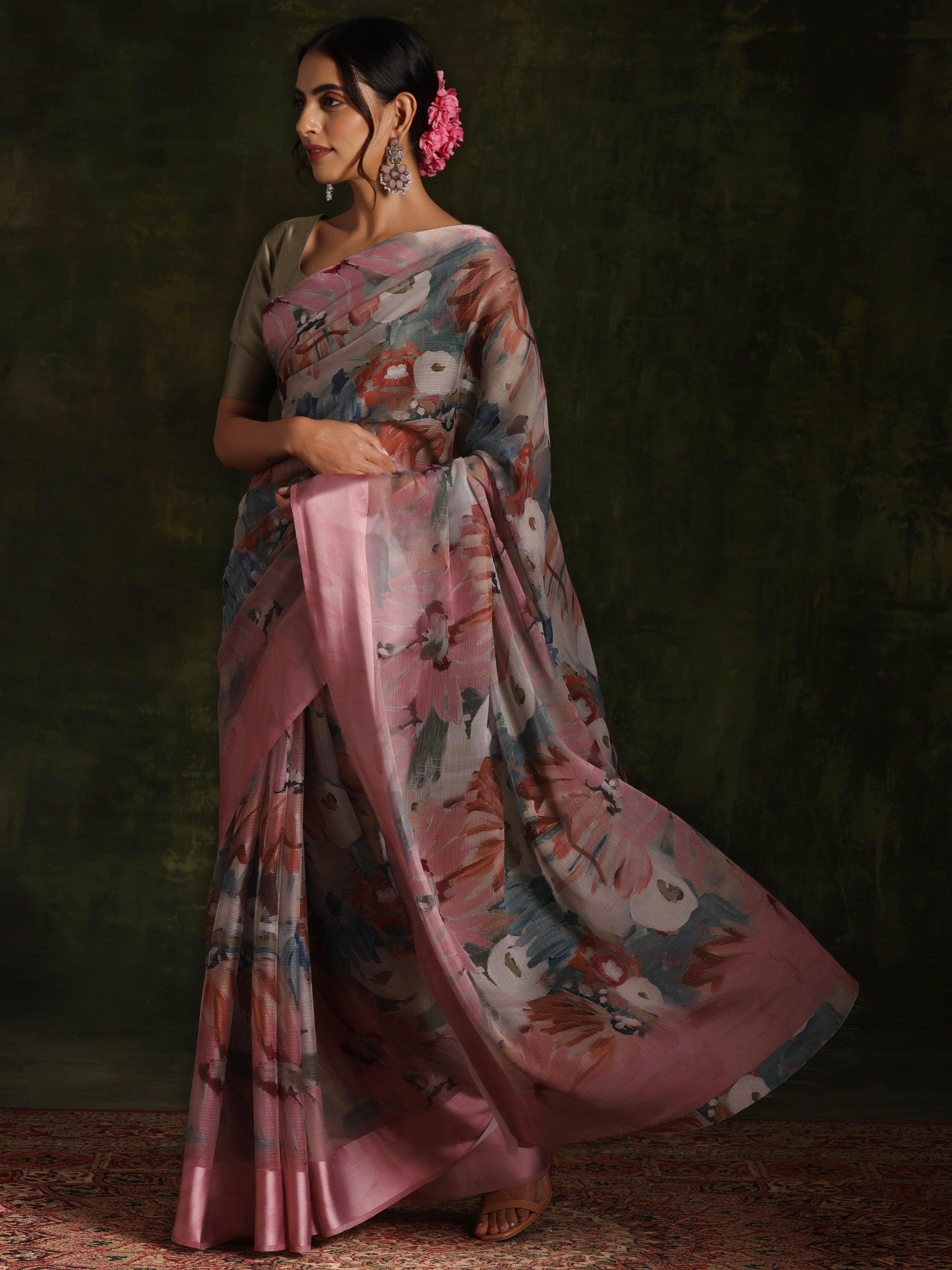 Pink Printed Silk Blend Saree With Unstitched Blouse Piece