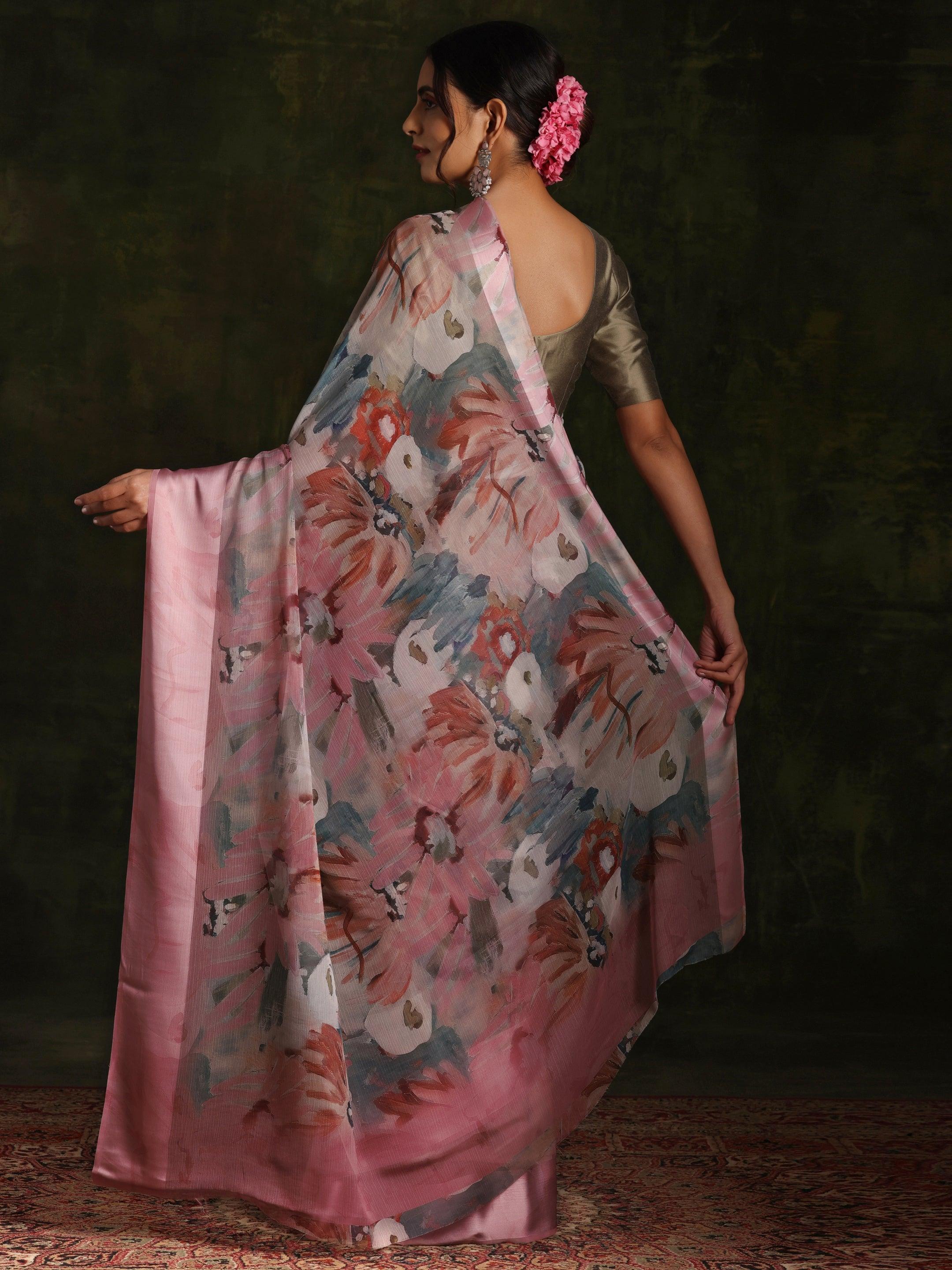 Pink Printed Silk Blend Saree With Unstitched Blouse Piece