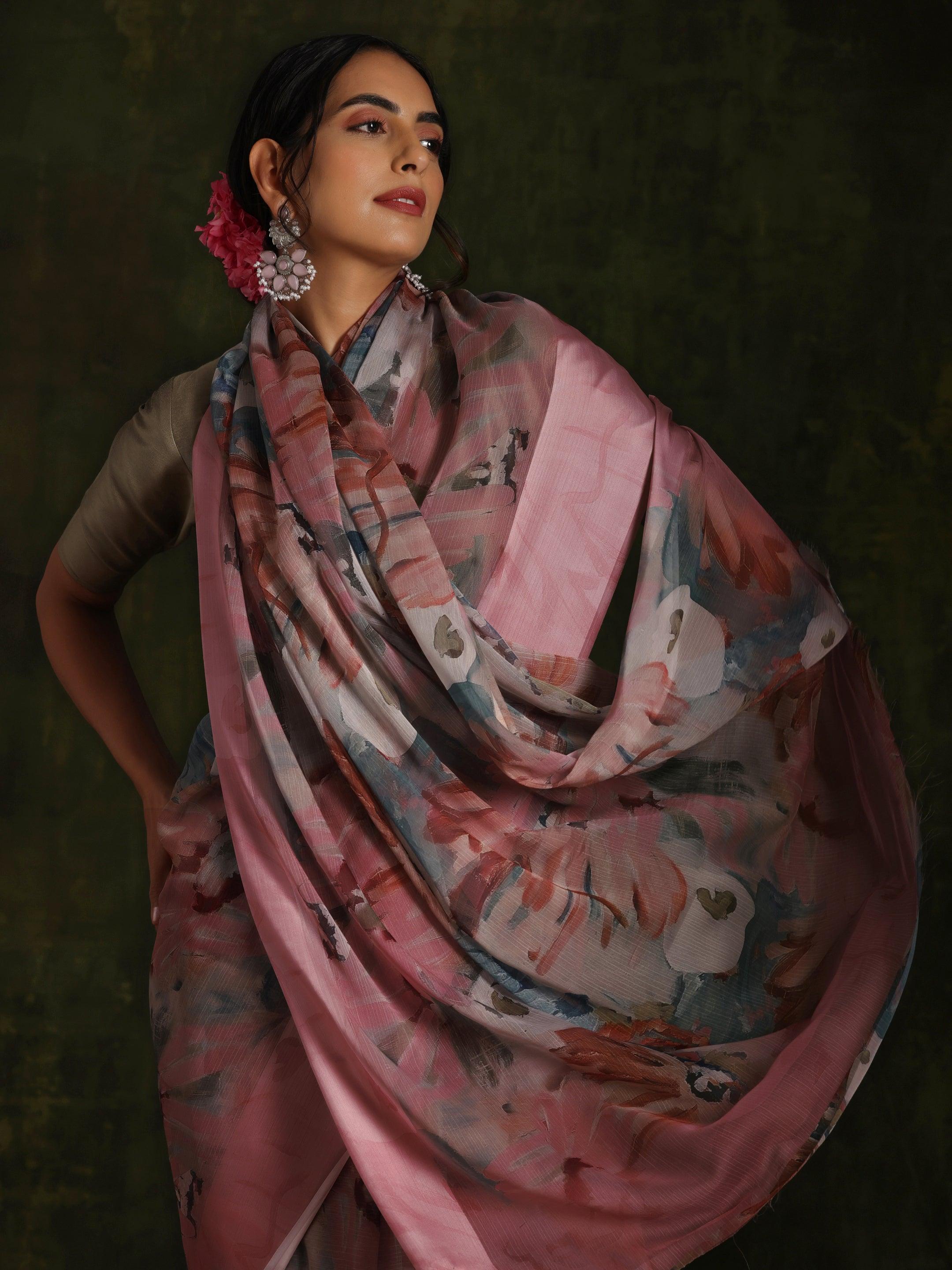 Pink Printed Silk Blend Saree With Unstitched Blouse Piece