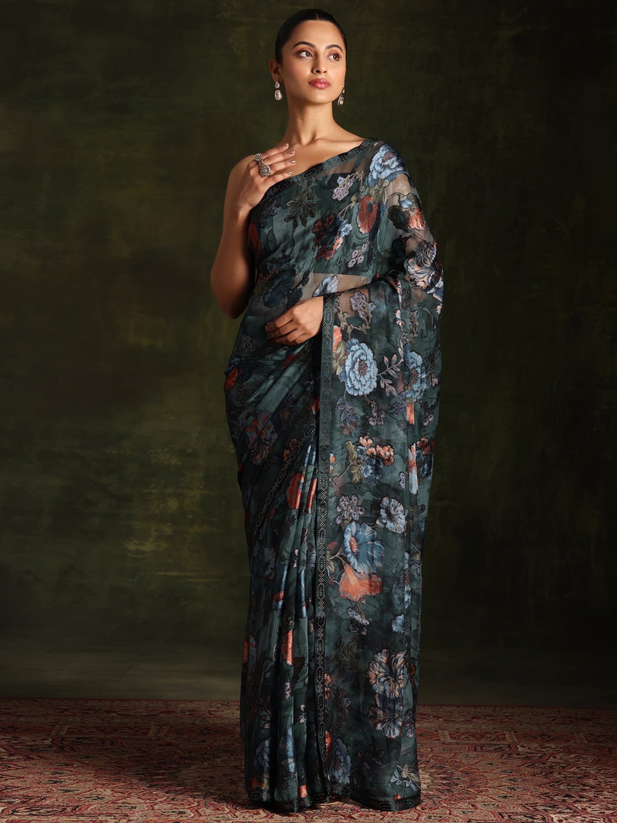 Teal Green Woven Design Brasso Saree With Unstitched Blouse Piece