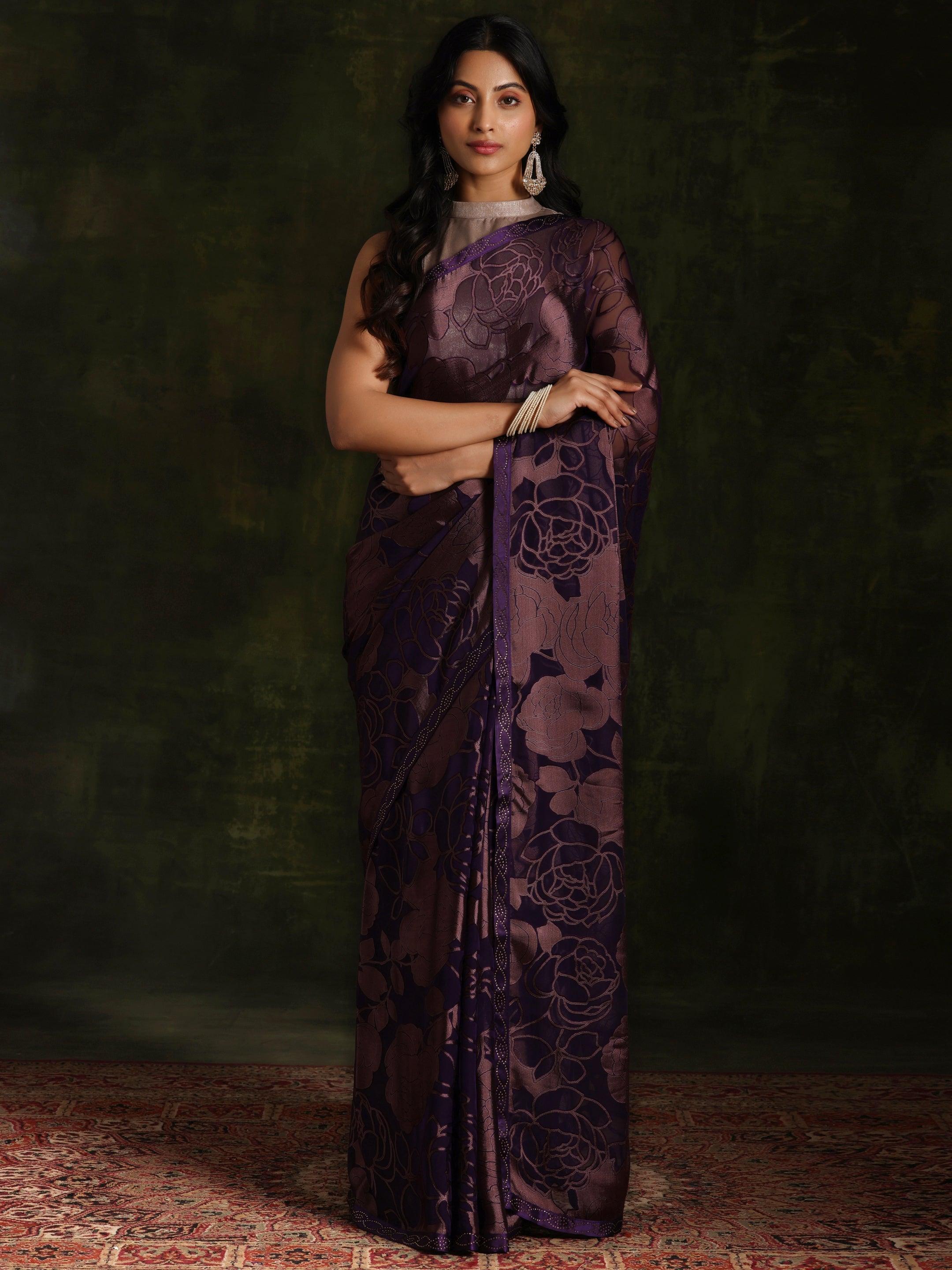 Purple Woven Design Brasso Saree With Unstitched Blouse Piece