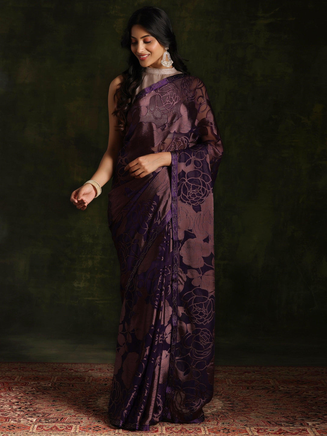 Purple Woven Design Brasso Saree With Unstitched Blouse Piece - ShopLibas