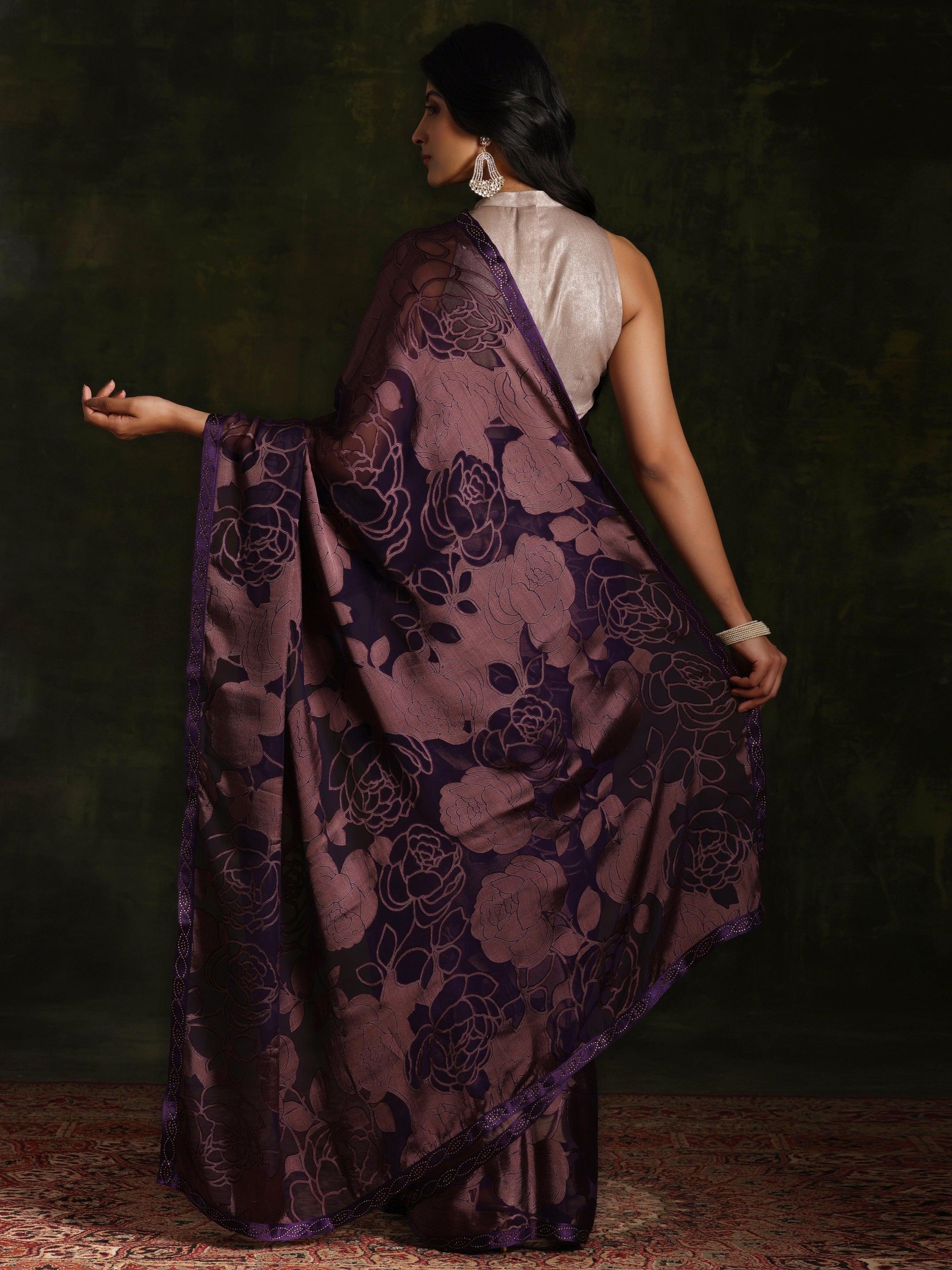 Purple Woven Design Brasso Saree With Unstitched Blouse Piece