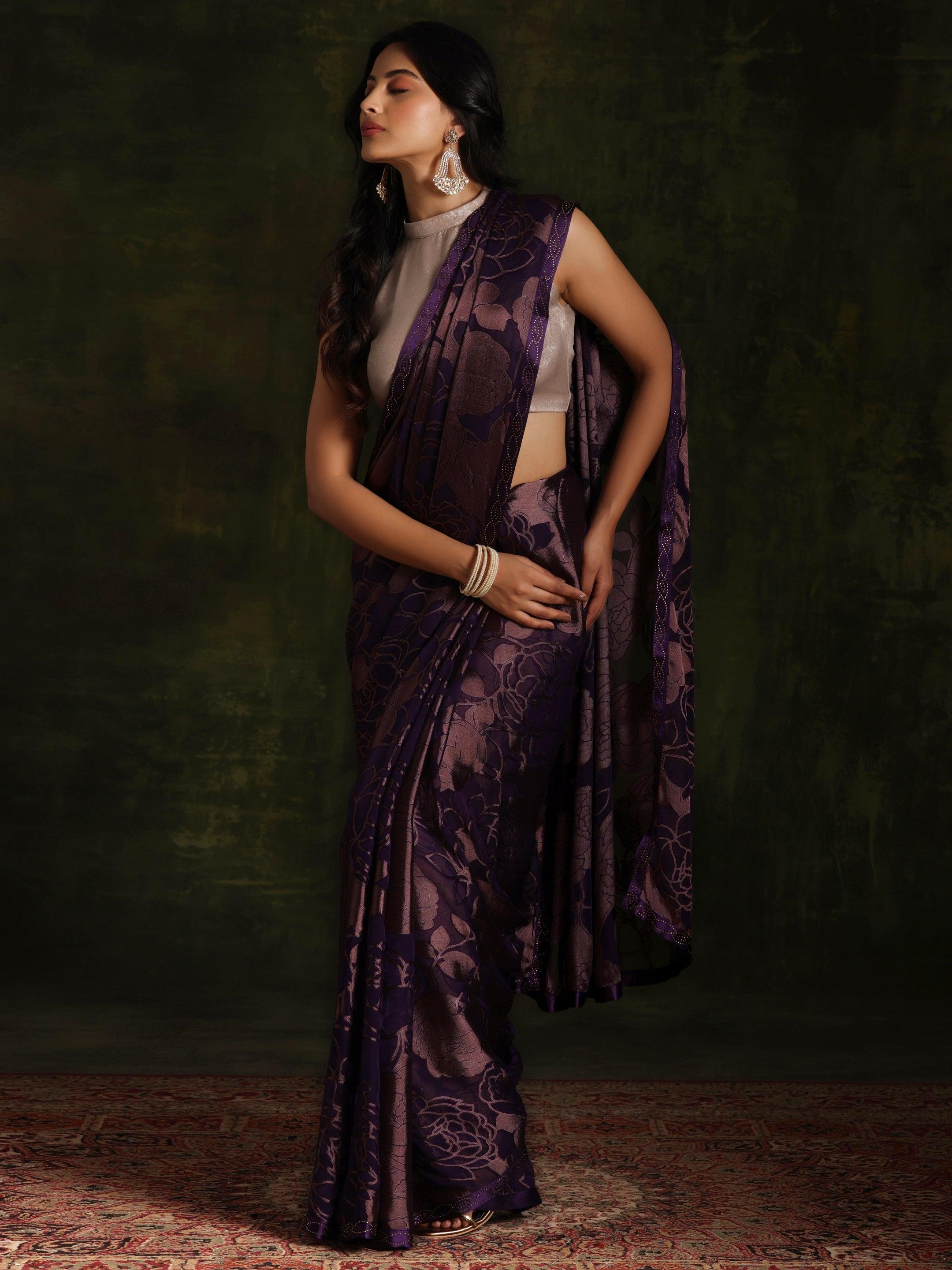 Purple Woven Design Brasso Saree With Unstitched Blouse Piece