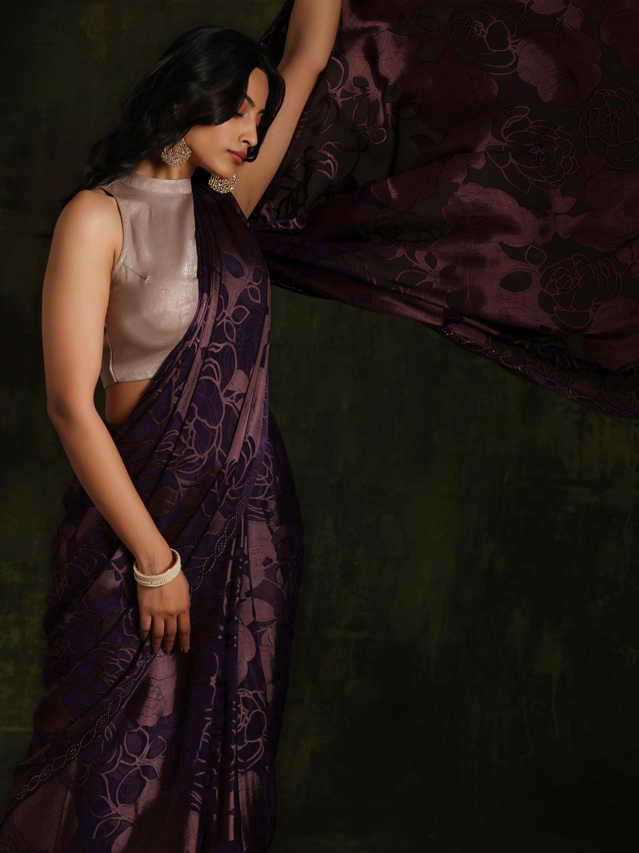 Purple Woven Design Brasso Saree With Unstitched Blouse Piece