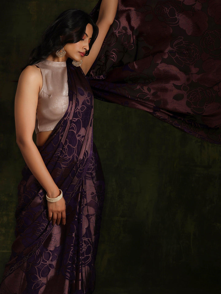 Purple Woven Design Brasso Saree With Unstitched Blouse Piece - ShopLibas