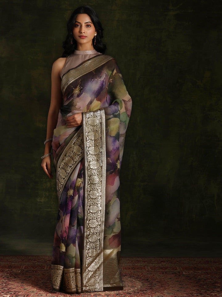 Multicoloured Printed Organza Saree With Unstitched Blouse Piece - ShopLibas