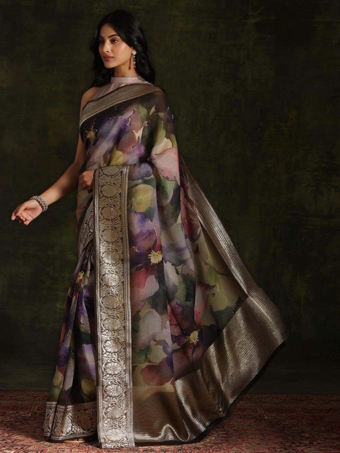 Multicoloured Printed Organza Saree With Unstitched Blouse Piece - ShopLibas