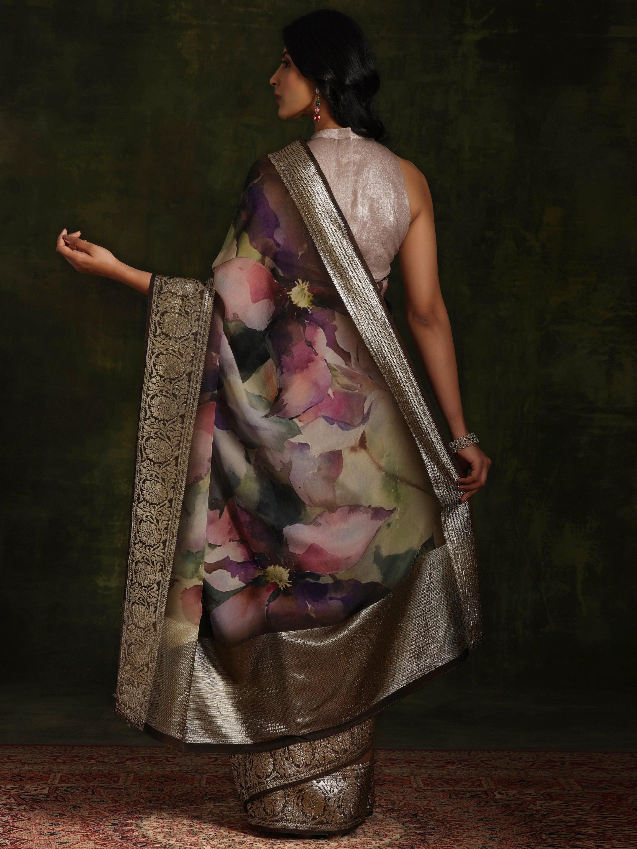 Multicoloured Printed Organza Saree With Unstitched Blouse Piece