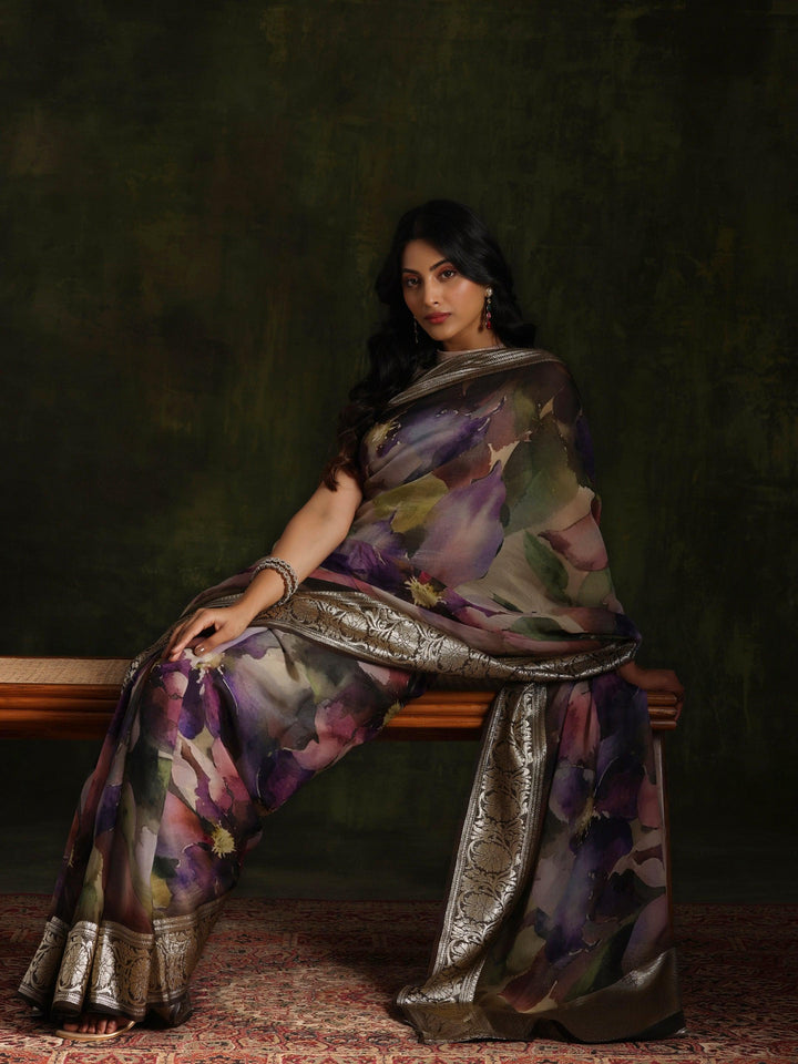 Multicoloured Printed Organza Saree With Unstitched Blouse Piece - ShopLibas