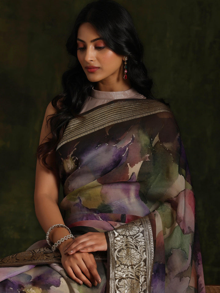 Multicoloured Printed Organza Saree With Unstitched Blouse Piece - ShopLibas