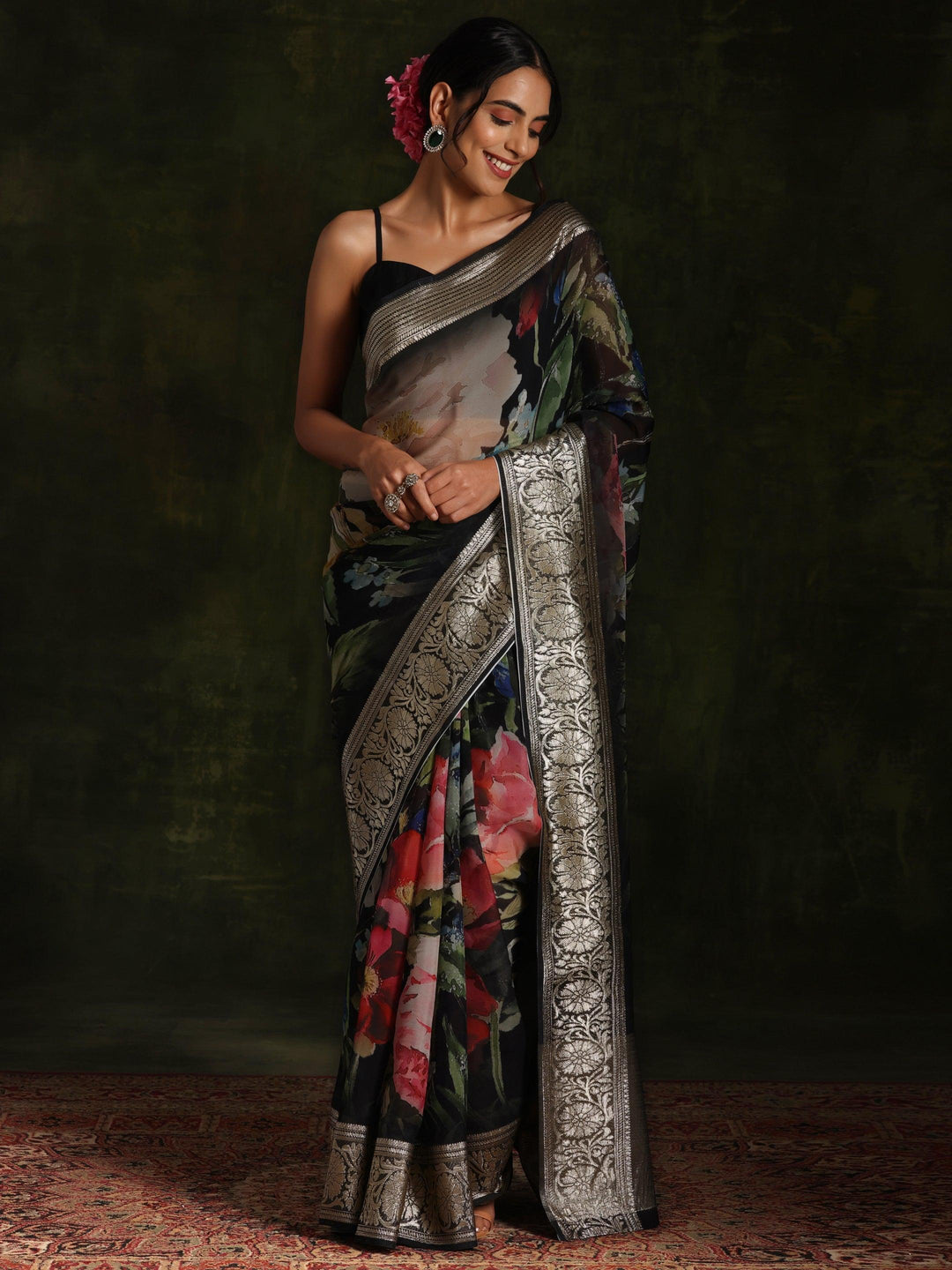 Black Printed Organza Saree With Unstitched Blouse Piece - ShopLibas