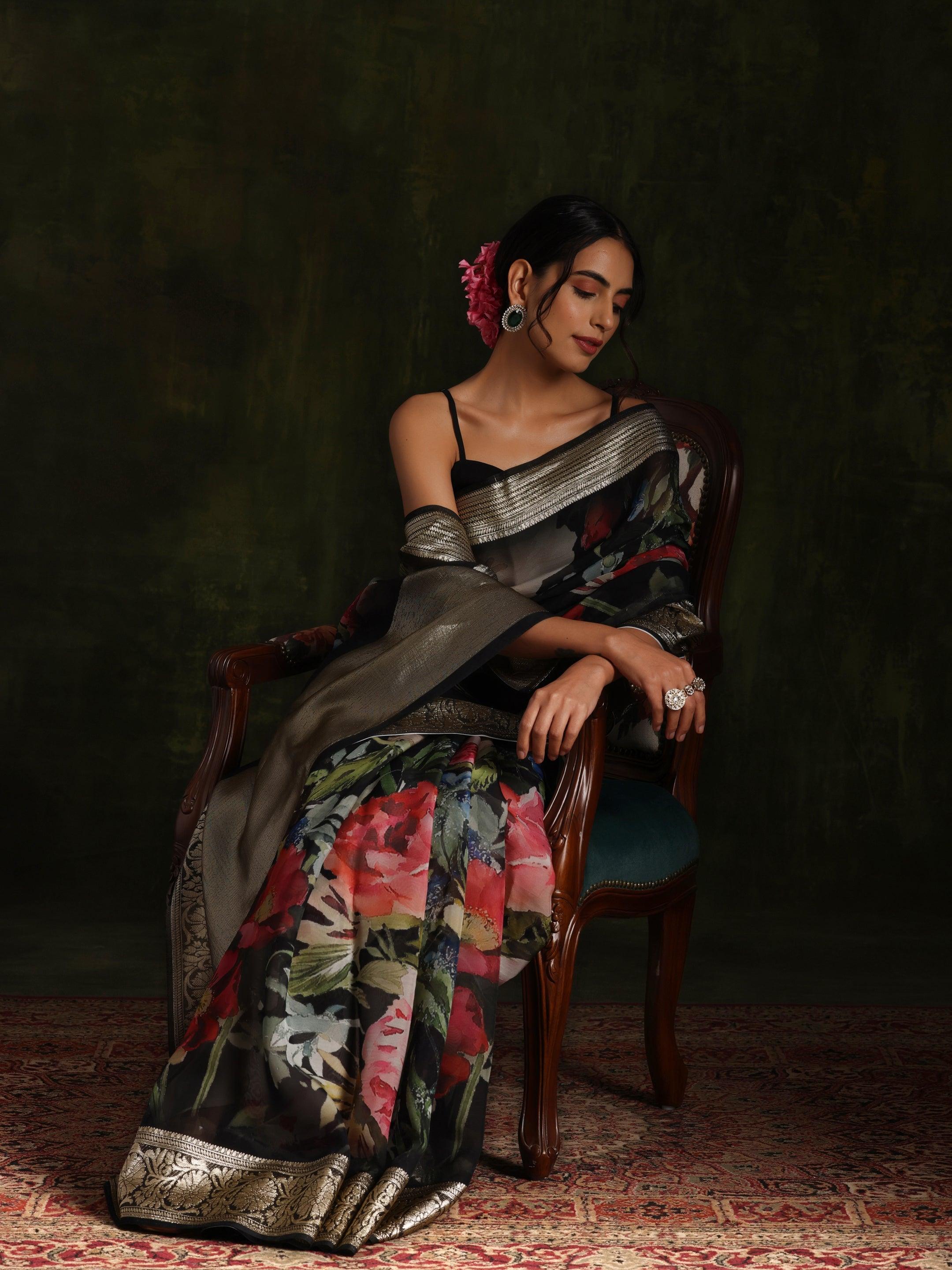 Black Printed Organza Saree With Unstitched Blouse Piece