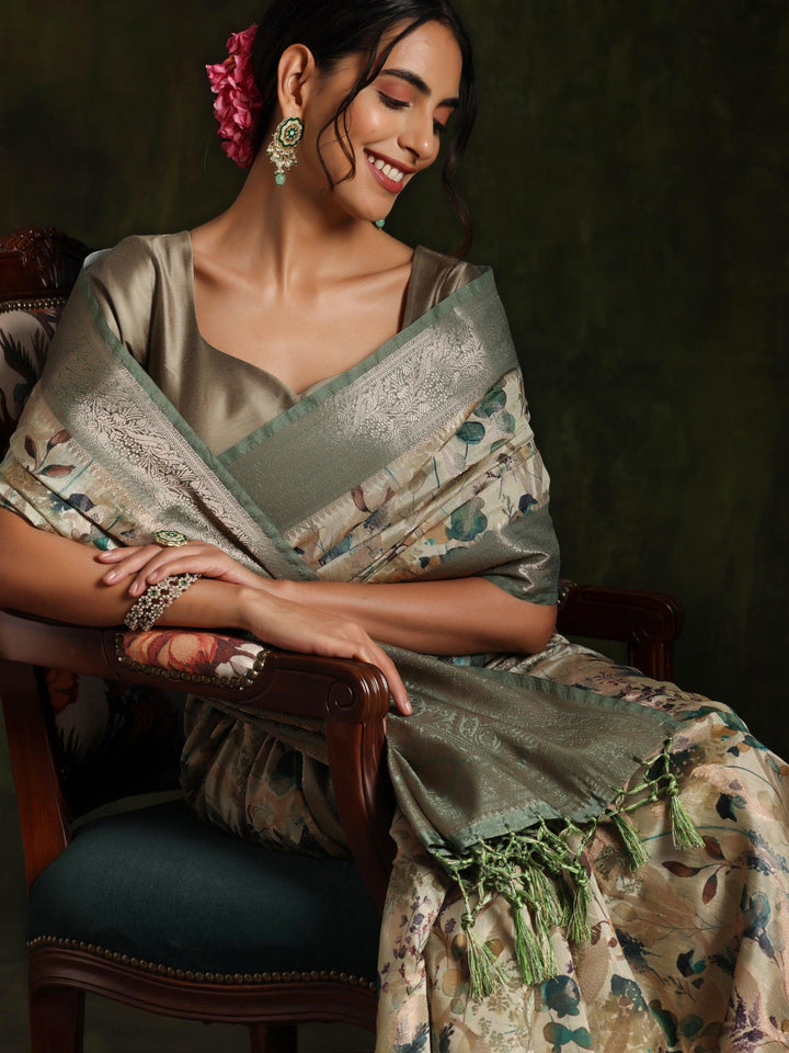 Green Woven Design Brocade Saree With Unstitched Blouse Piece - ShopLibas