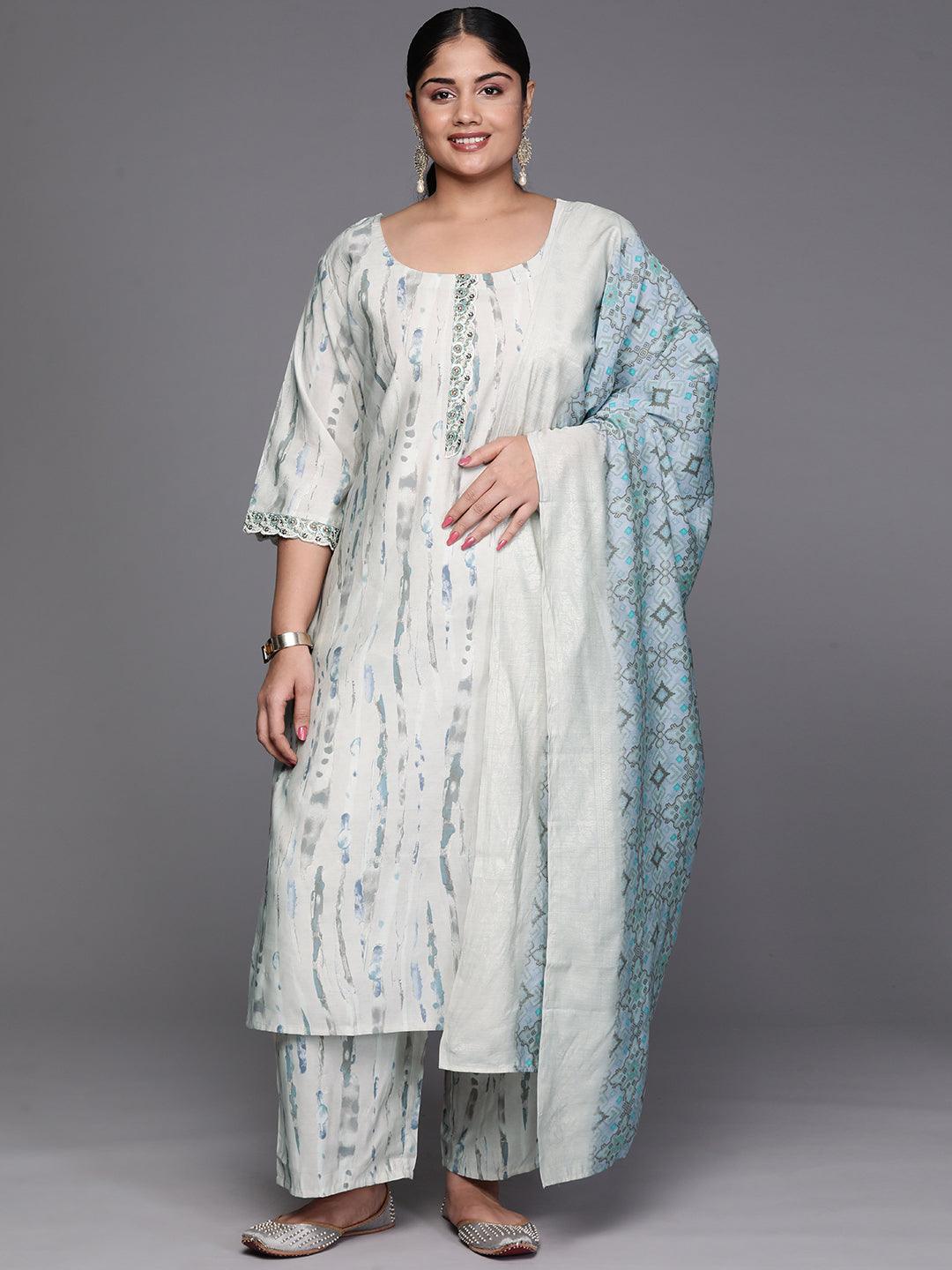 Grey Printed Silk Blend Straight Kurta With Trousers & Dupatta - ShopLibas