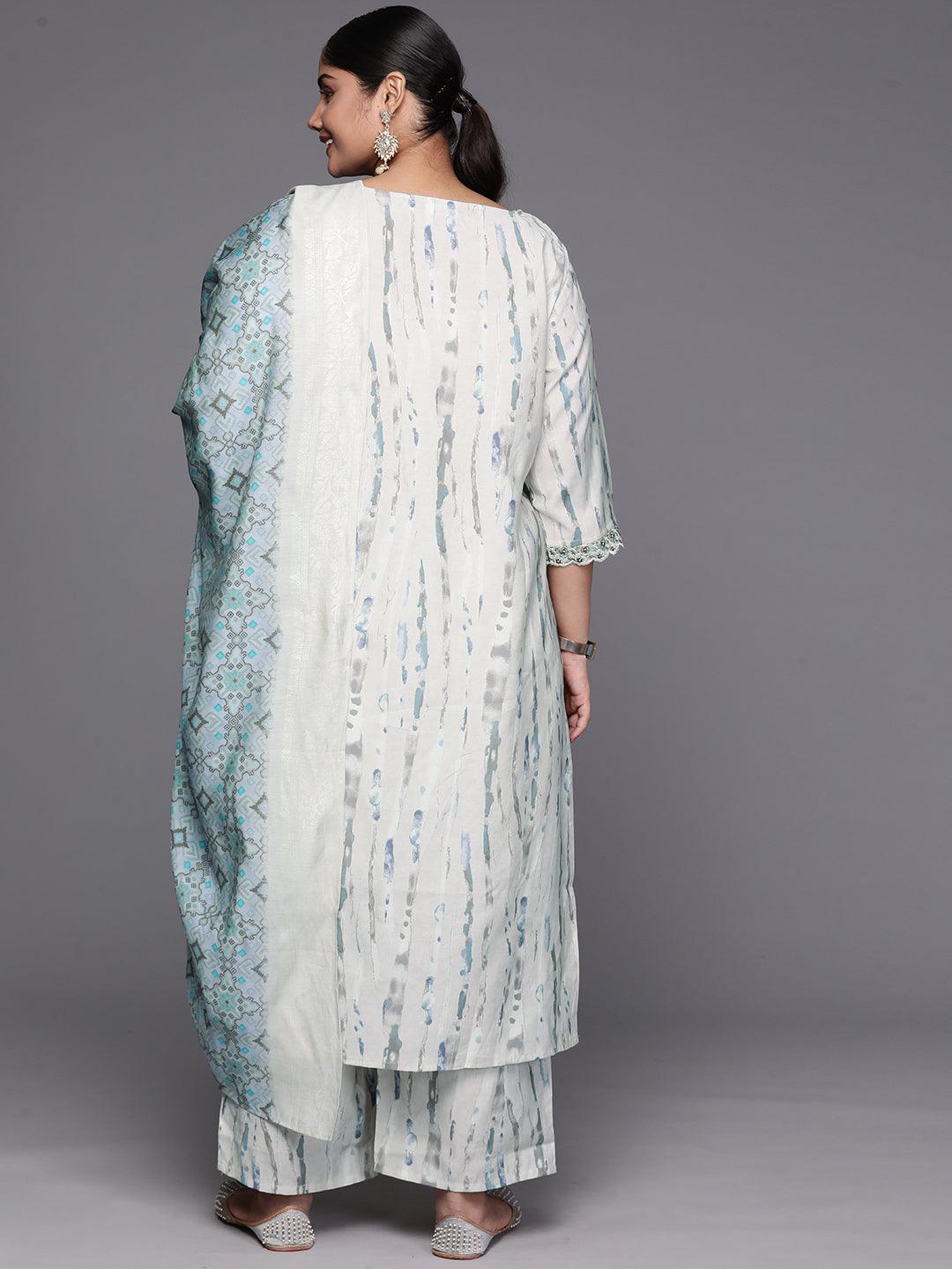 Grey Printed Silk Blend Straight Kurta With Trousers & Dupatta - ShopLibas