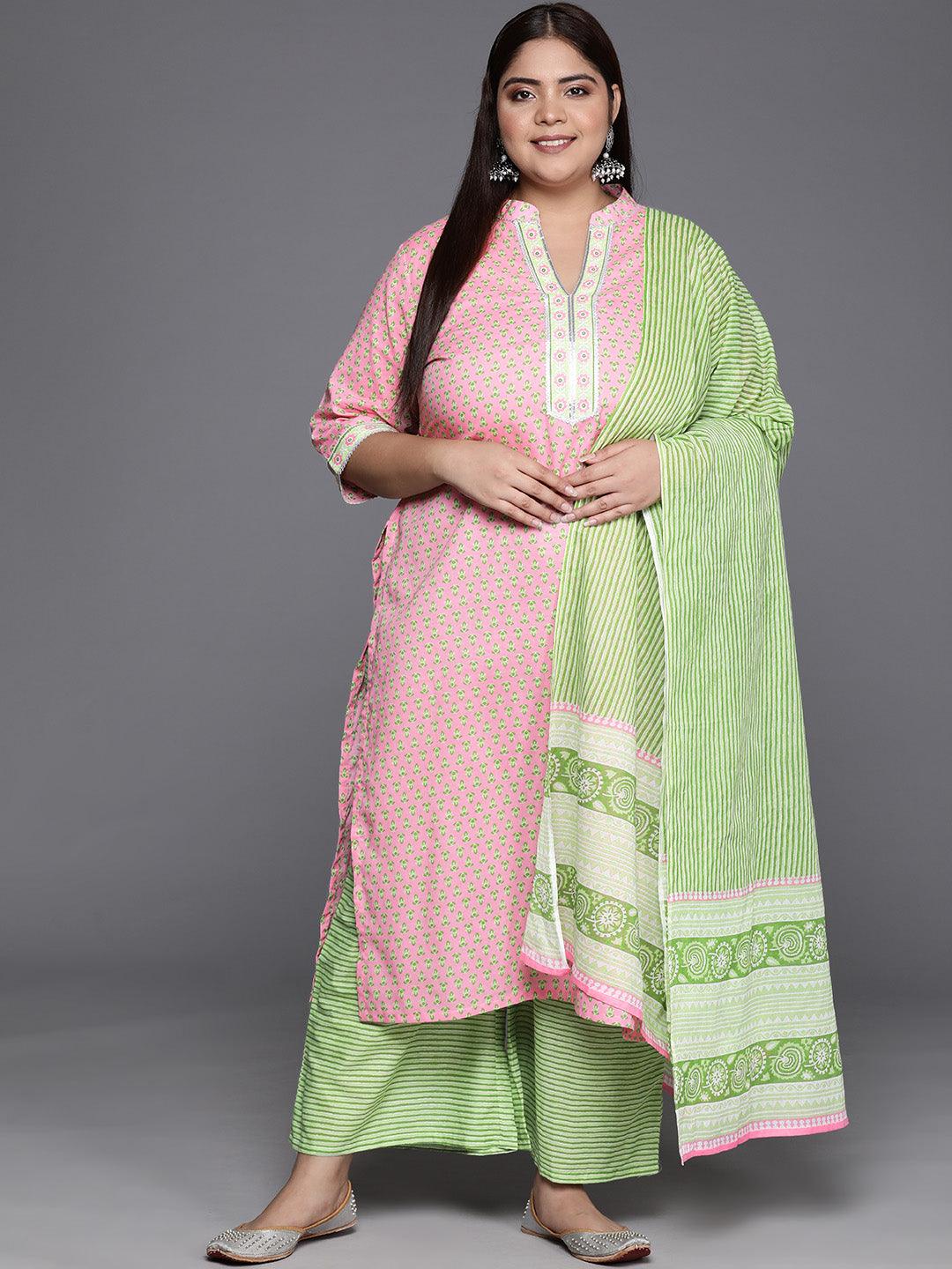 Plus Size Pink Printed Cotton Straight Kurta With Palazzos & Dupatta - ShopLibas